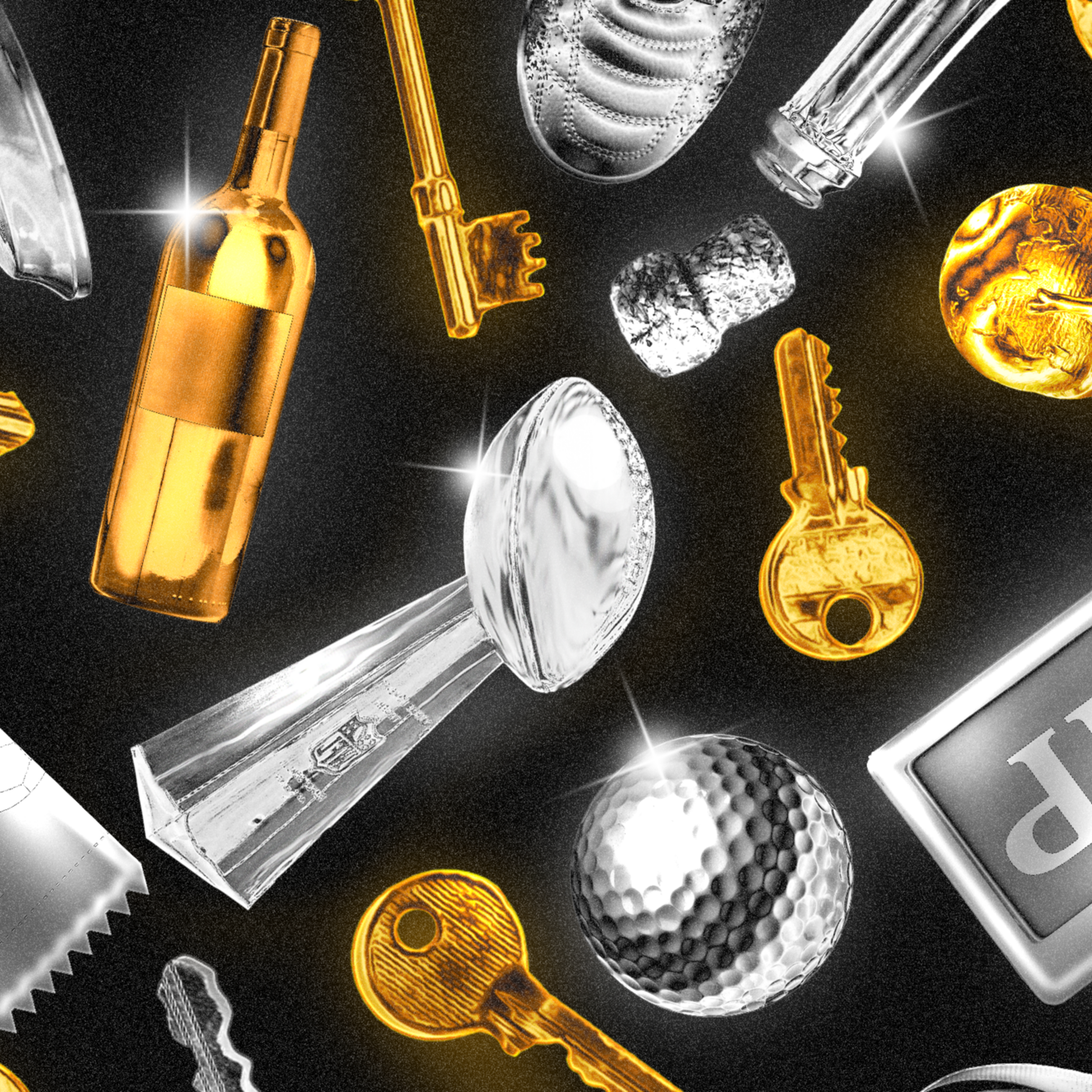 Silver and gold objects including trophies, keys, a wine bottle, a golf ball, a VIP badge, and a ticket scattered on a dark textured background.