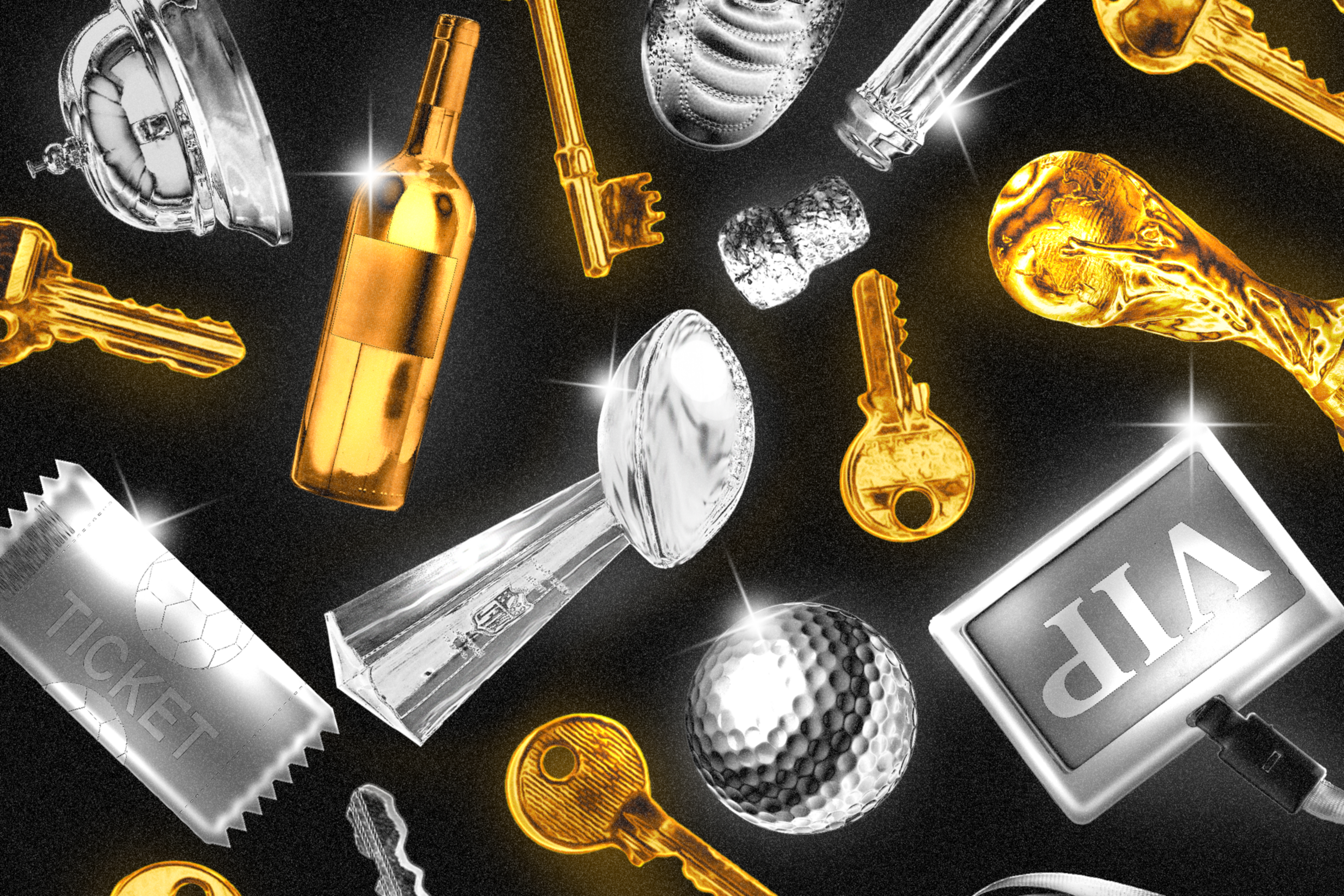 Silver and gold objects including trophies, keys, a wine bottle, a golf ball, a VIP badge, and a ticket scattered on a dark textured background.