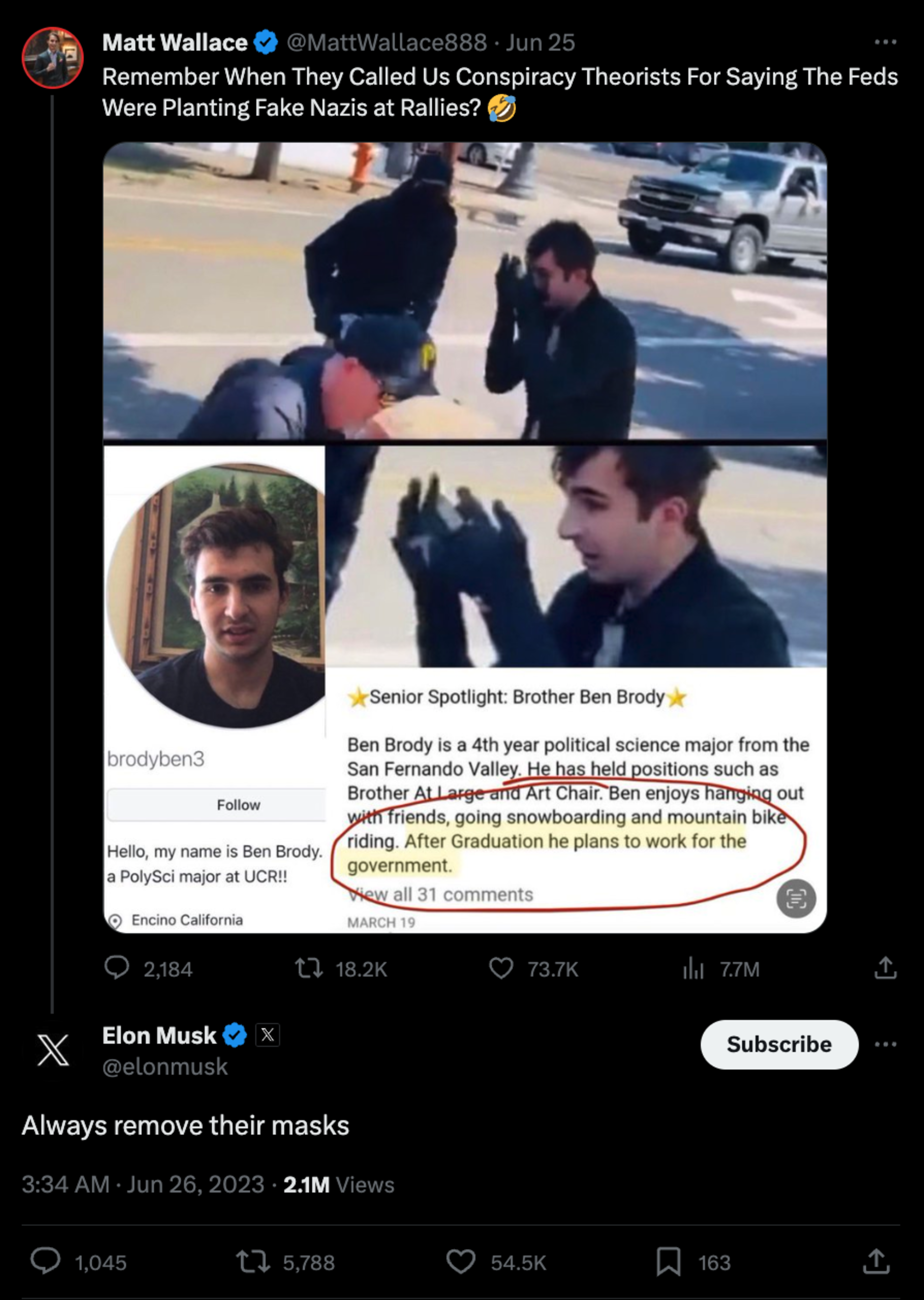 A tweet claims a man named Ben Brody was planted by the government at rallies; his profile shows he’s a political science major planning to work for the government.