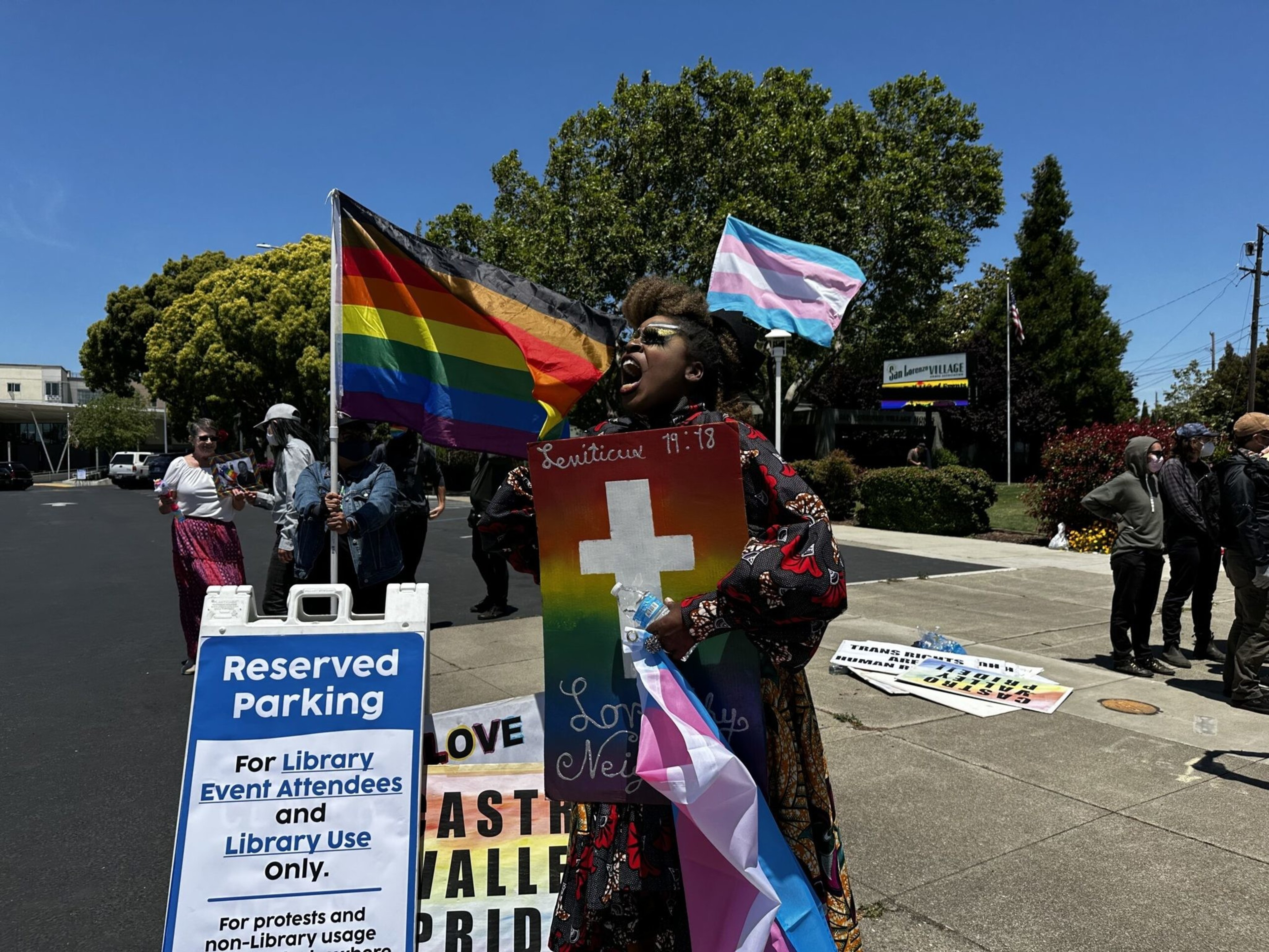 A person stands outdoors holding a Progress Pride flag and a cross sign. Others gather nearby. A &quot;Reserved Parking&quot; sign is visible, with trees in the background.