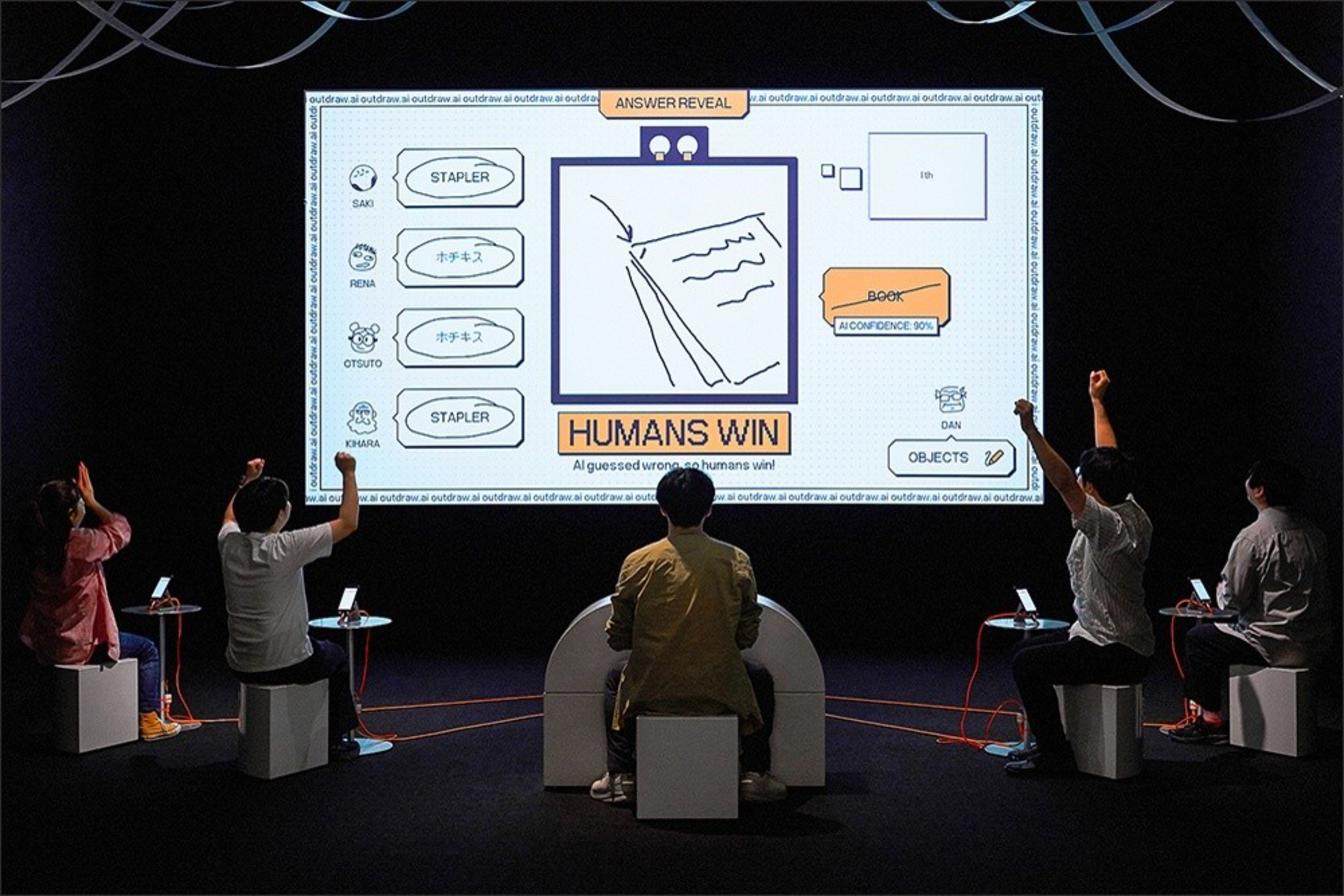 Five people sit in front of a large screen displaying a drawing game where humans won against AI. They're raising their fists in celebration.