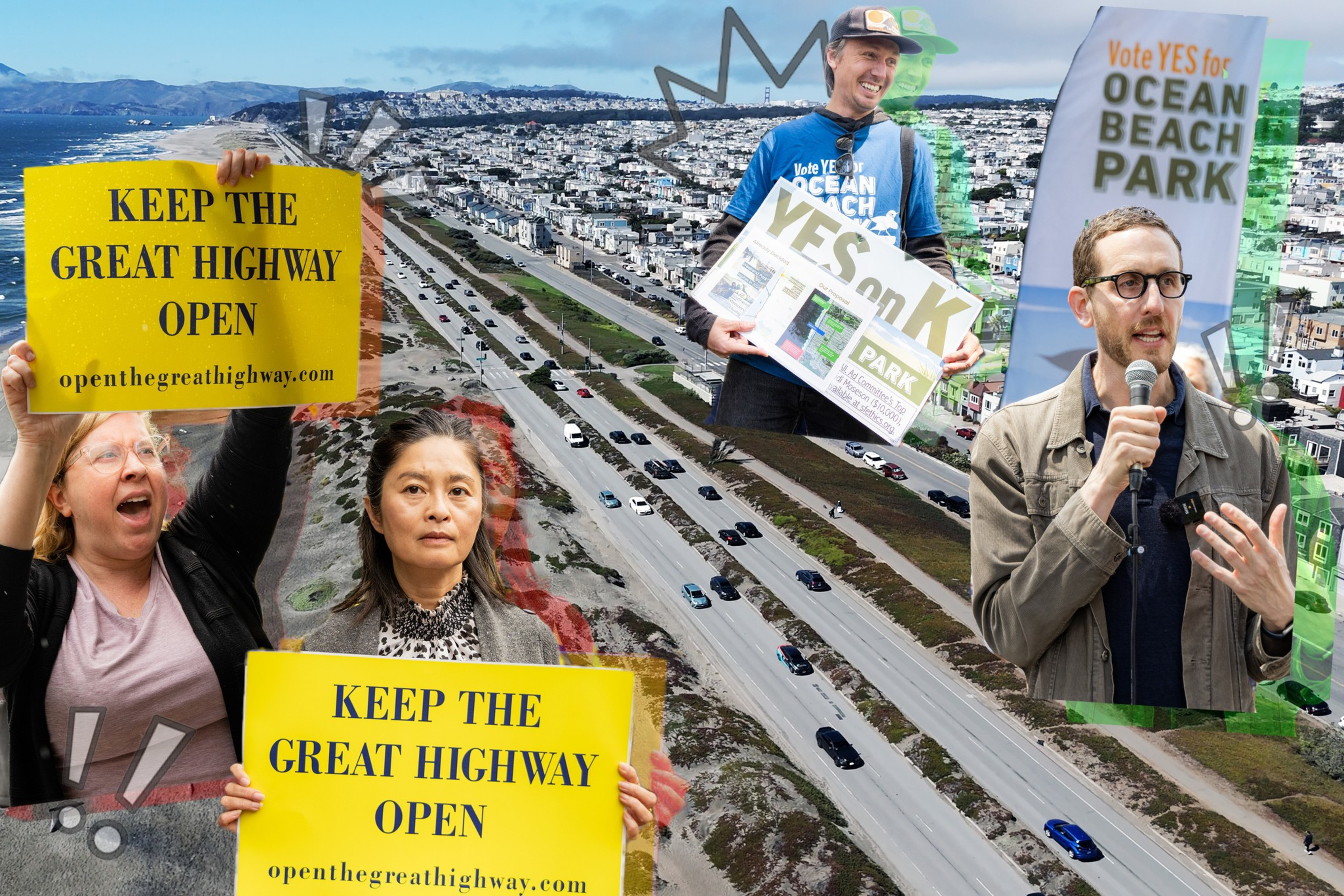 The image shows people holding signs about keeping the Great Highway open, with a background view of the highway and ocean. There is also a person speaking into a microphone.