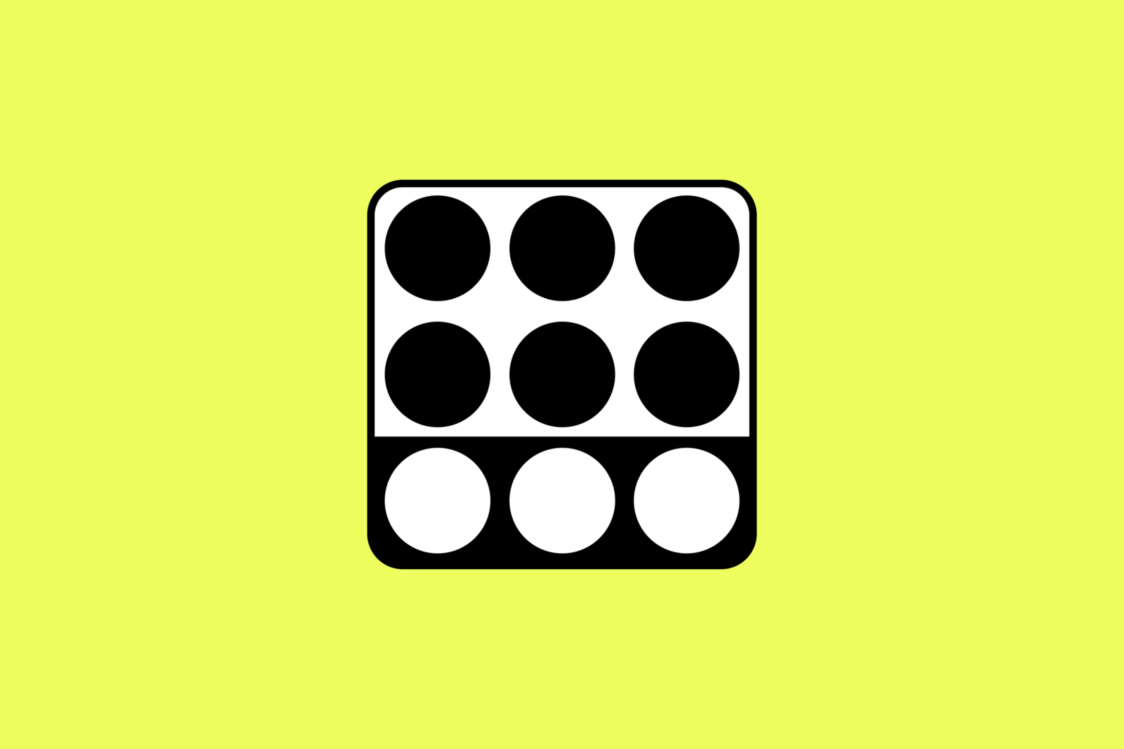A square divided into three rows has six black circles in the top two rows on a white background and three white circles in the bottom row on a black background.