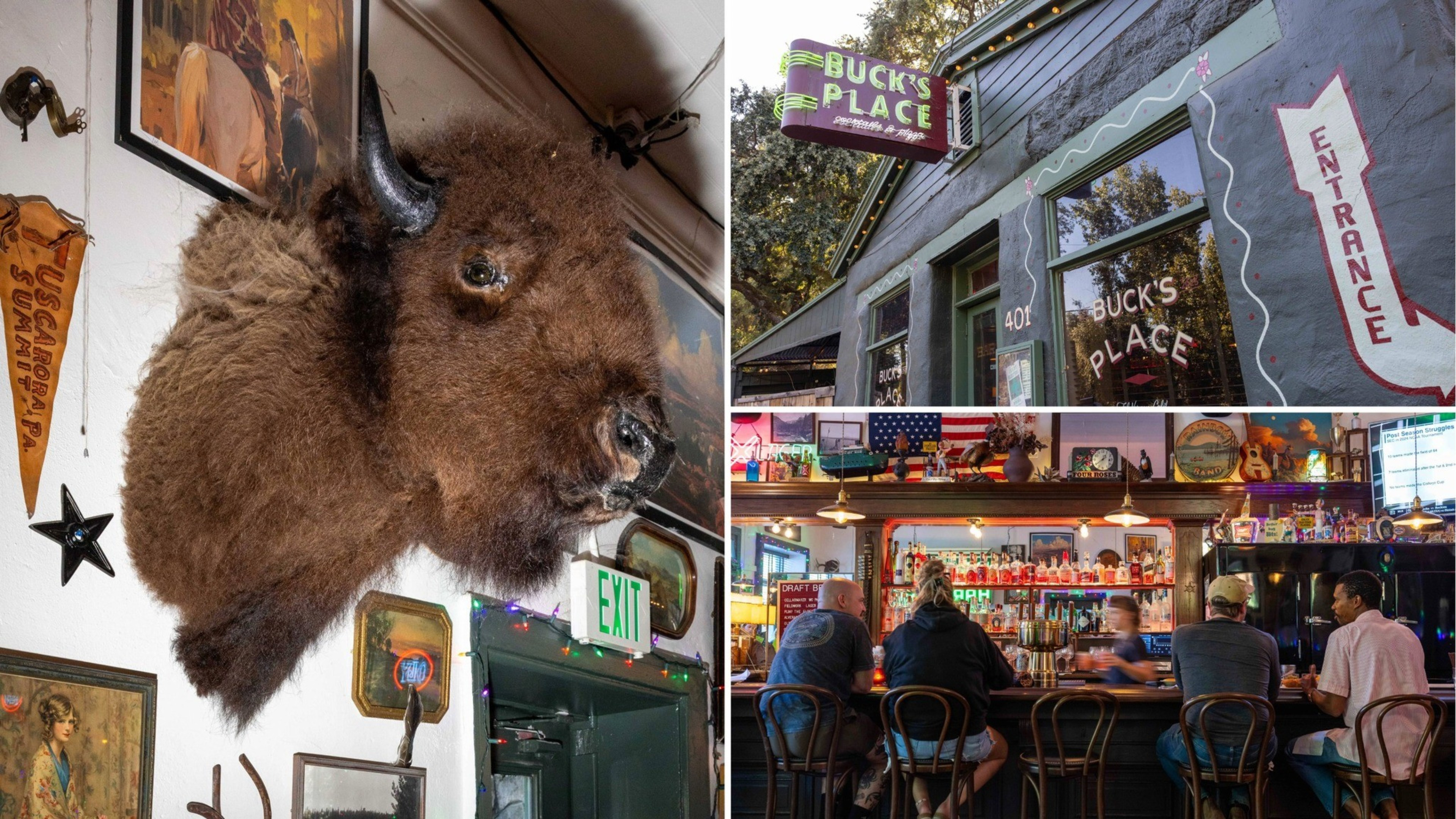 A mounted bison head hangs on a wall with various decorations, a neon sign reading "Buck's Place" outside a building, and several people sitting at a bar inside.