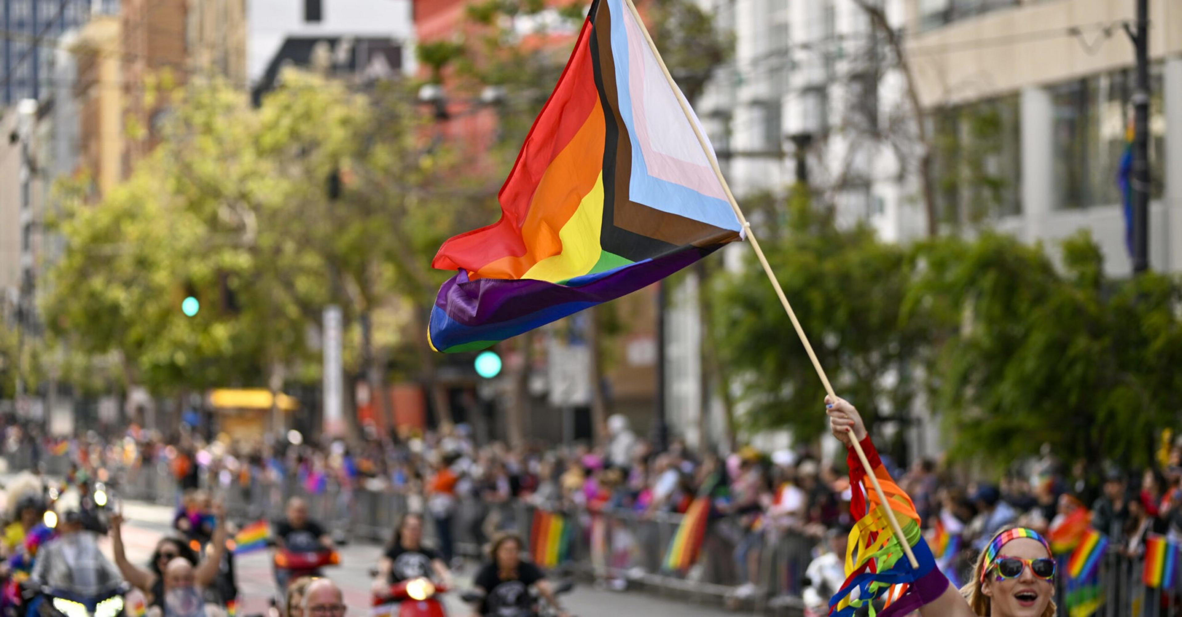 A person waves a large Progress Pride flag during a vibrant, crowded city parade with many rainbow flags visible among the spectators.