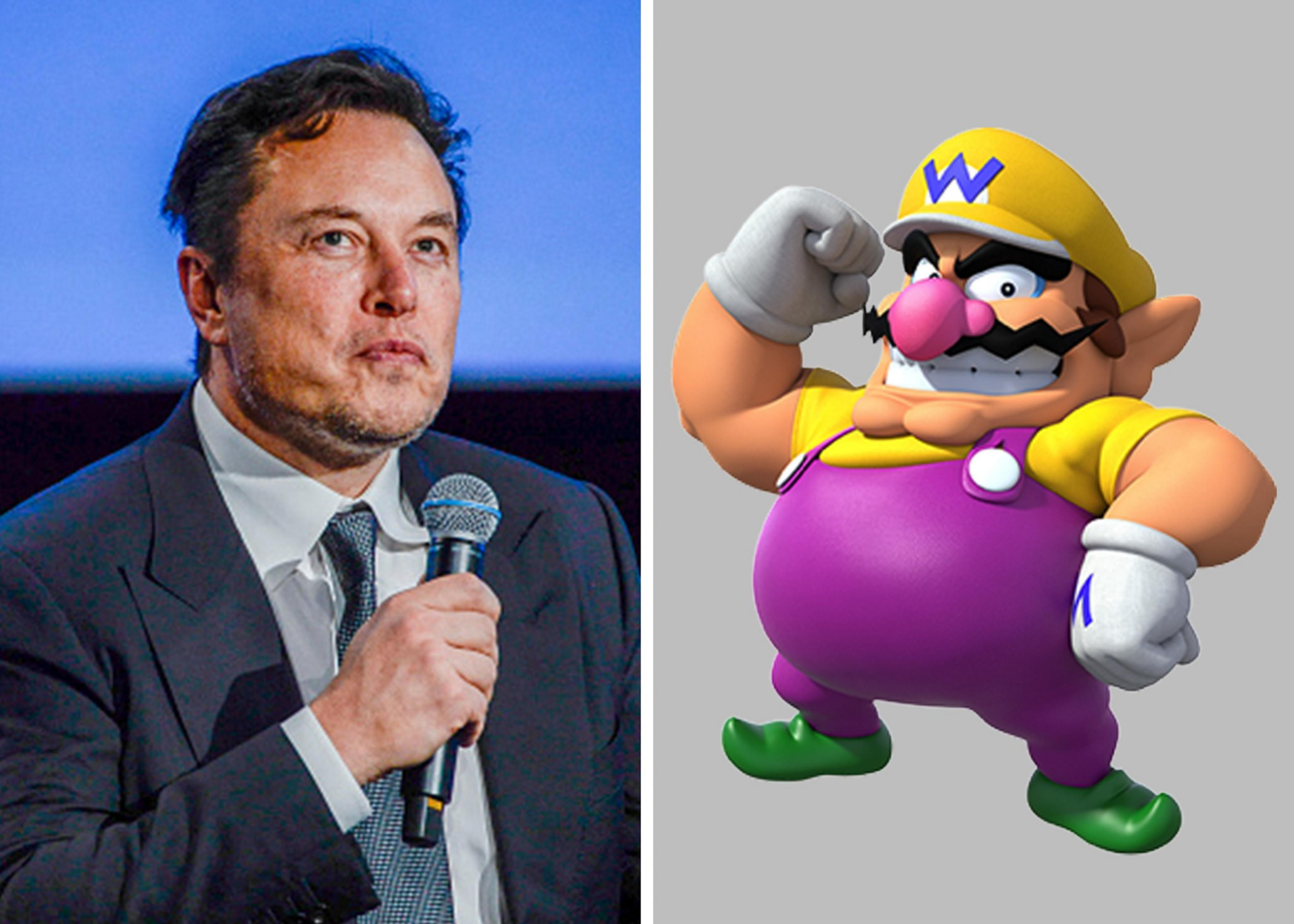 The image shows a man in a suit holding a microphone beside an animated character wearing a yellow cap, yellow shirt, purple overalls, and green shoes.