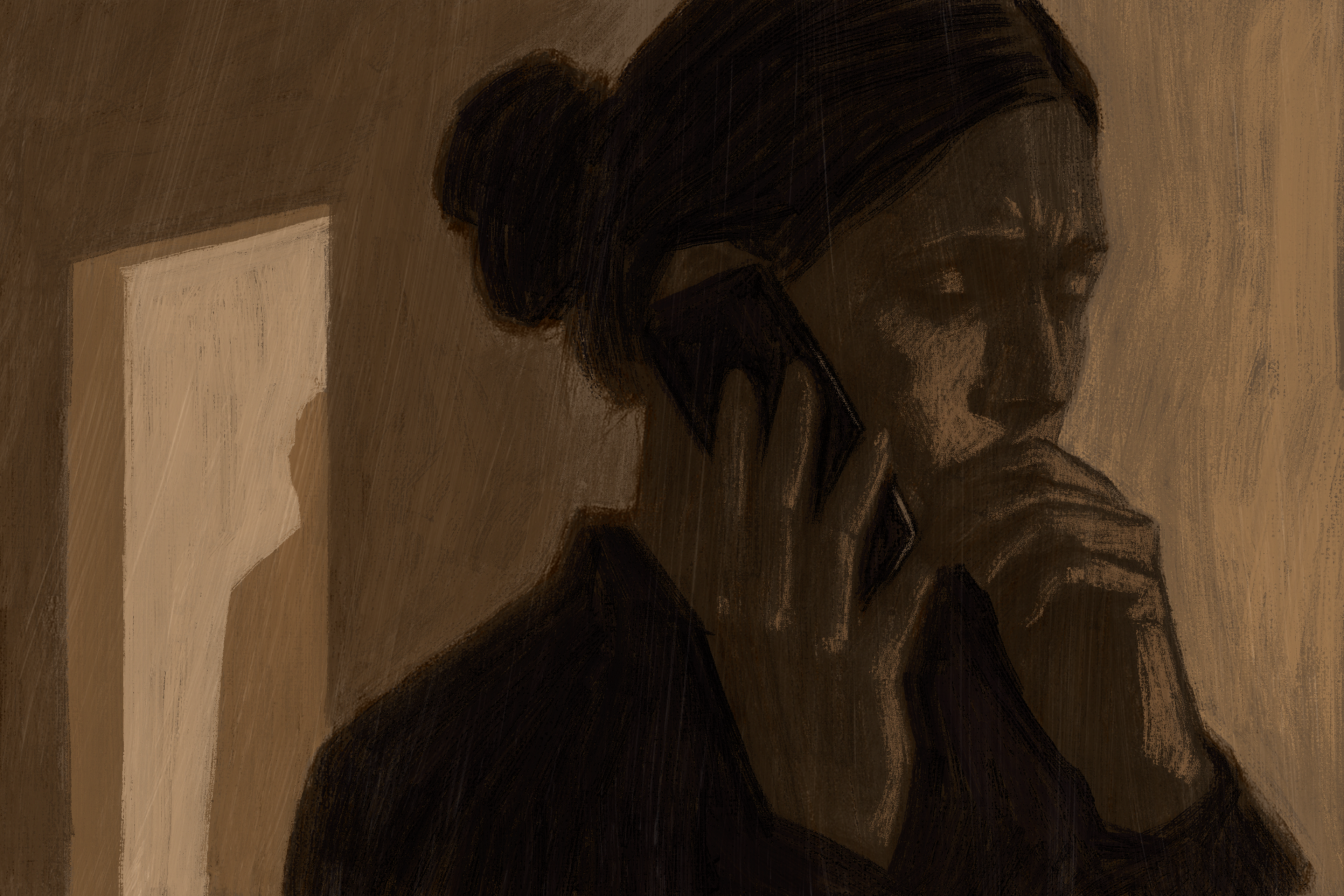 A person with hair tied back holds a phone to their ear with one hand while the other hand touches their mouth thoughtfully, with a shadowy figure in the doorway behind.