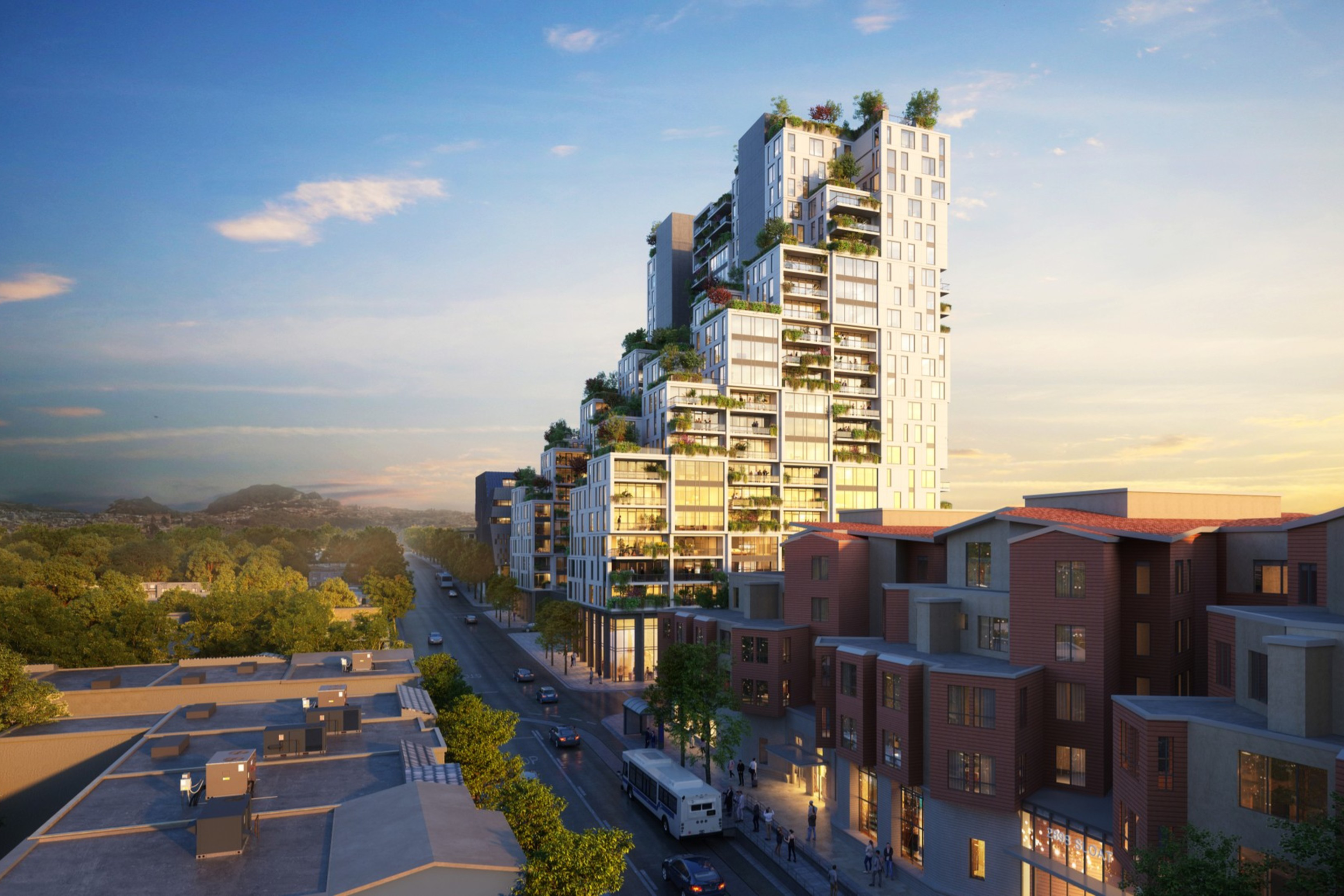 A modern high-rise building with green terraces overlooks a street lined with smaller residential buildings. The scene is set under a clear, sunset-lit sky.