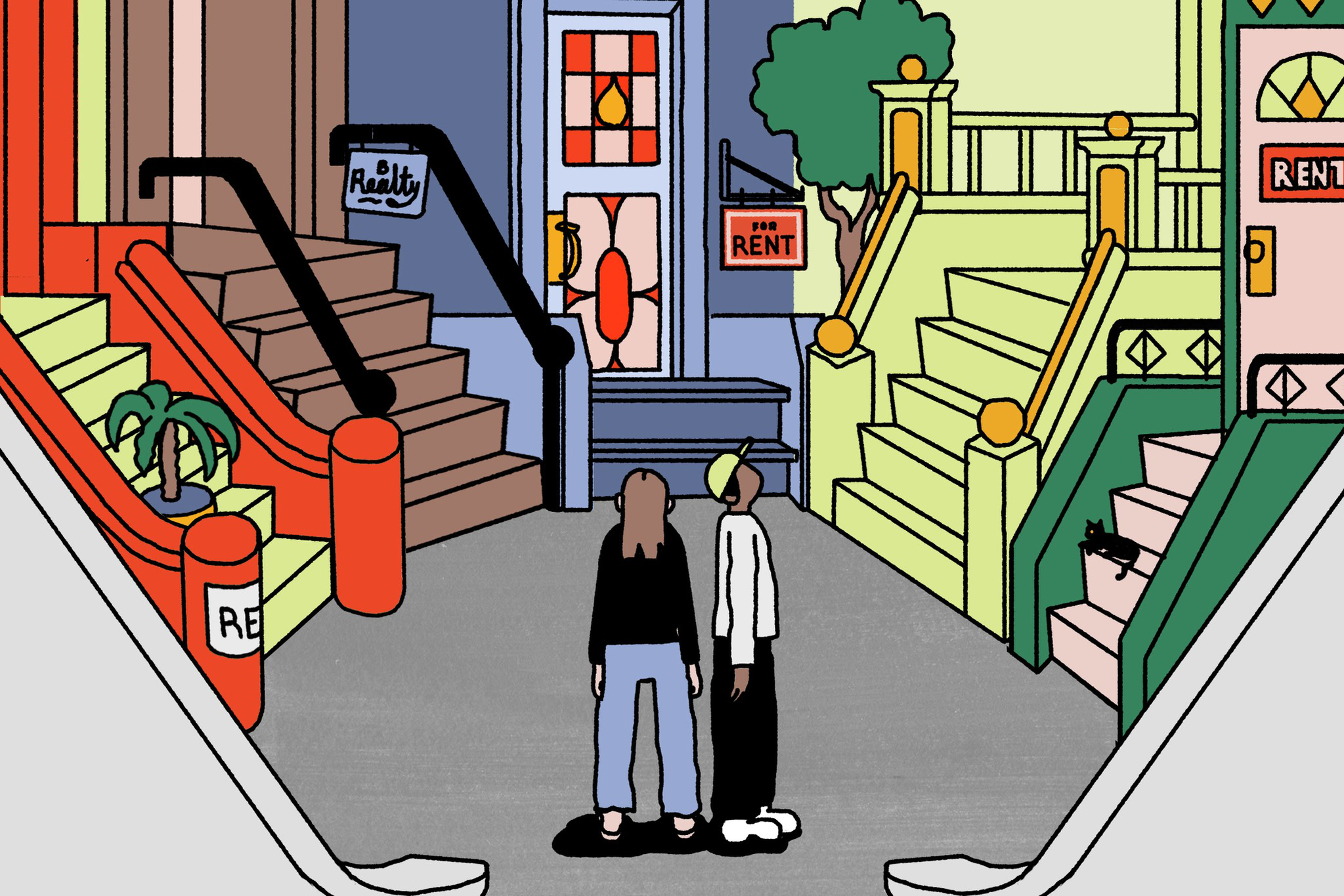 Two people stand facing three colorful staircases leading to houses, two with "For Rent" signs, and a black cat sits on one staircase.