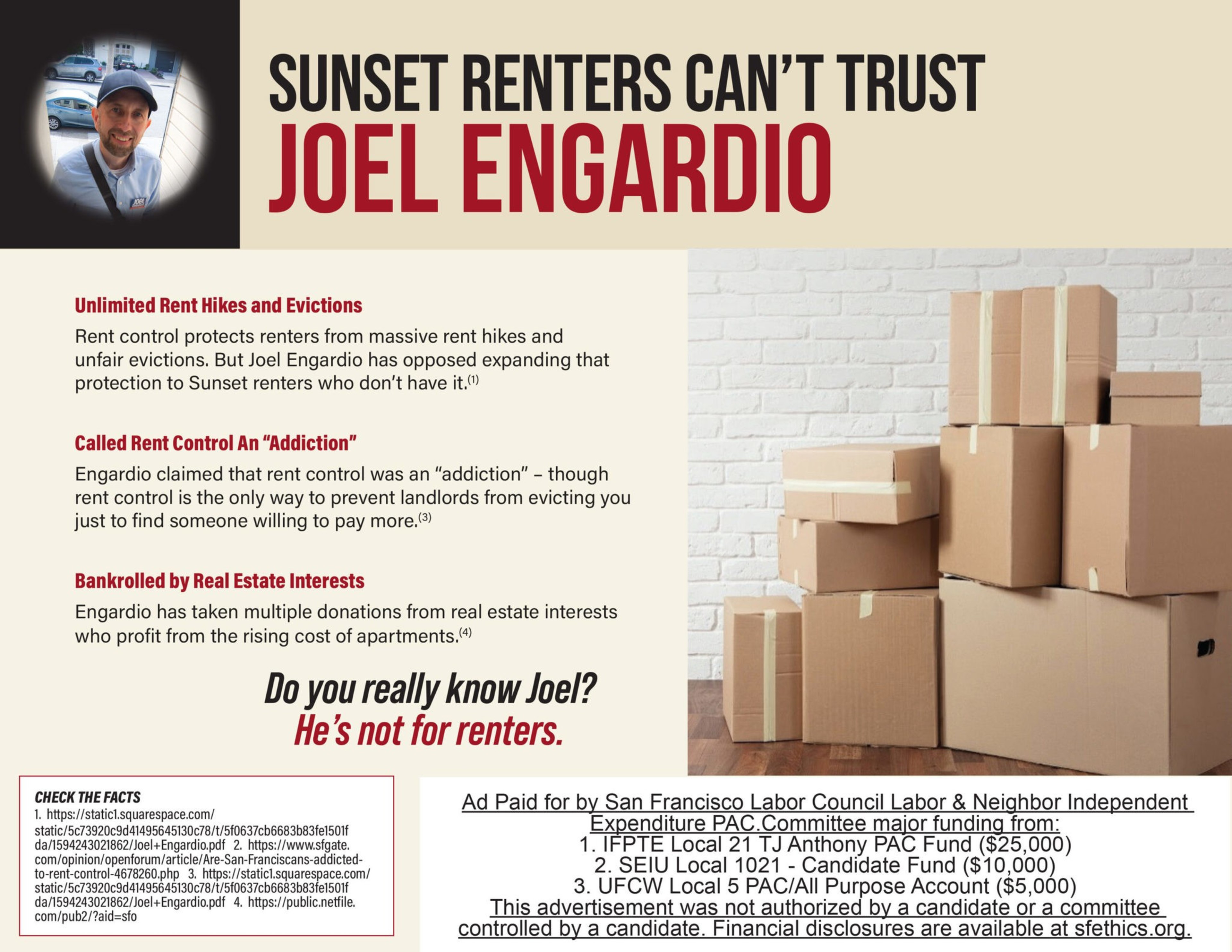Criticism of Joel Engardio claims he opposes rent control, calls it an “addiction,” and is funded by real estate interests, suggesting he doesn't support renters.