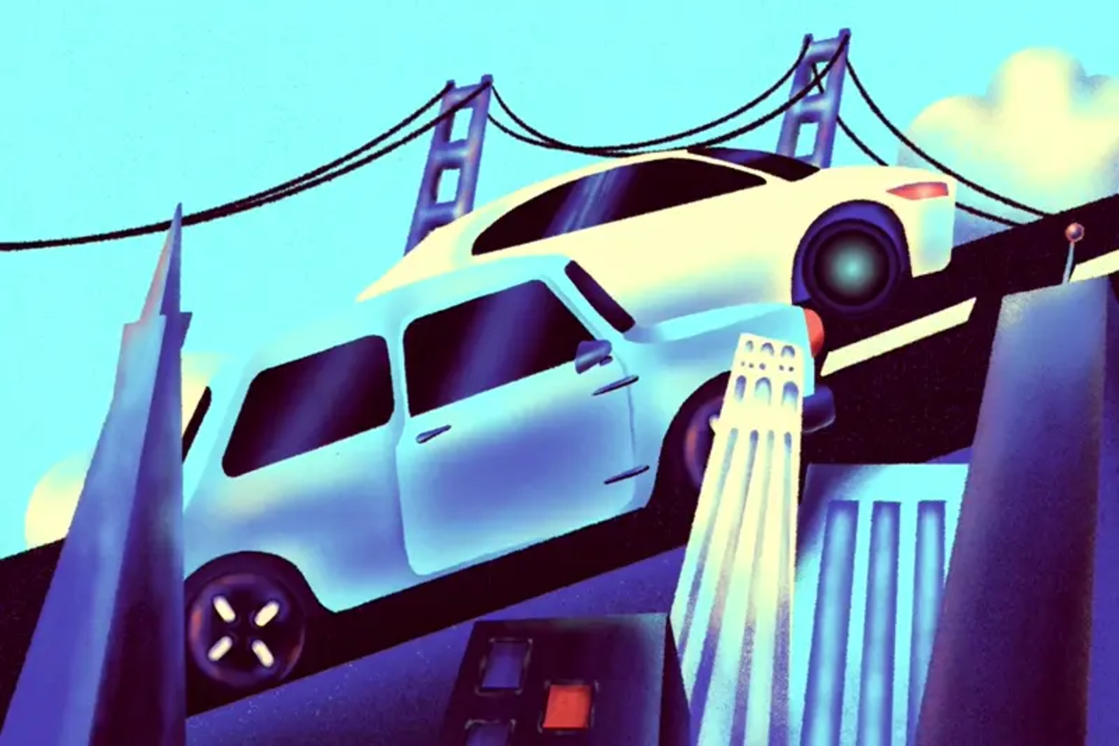 Two cars, one white and one blue, are driving uphill on a stylized bridge. The scene includes bridge towers and cloudy skies, creating a vibrant, dynamic look.