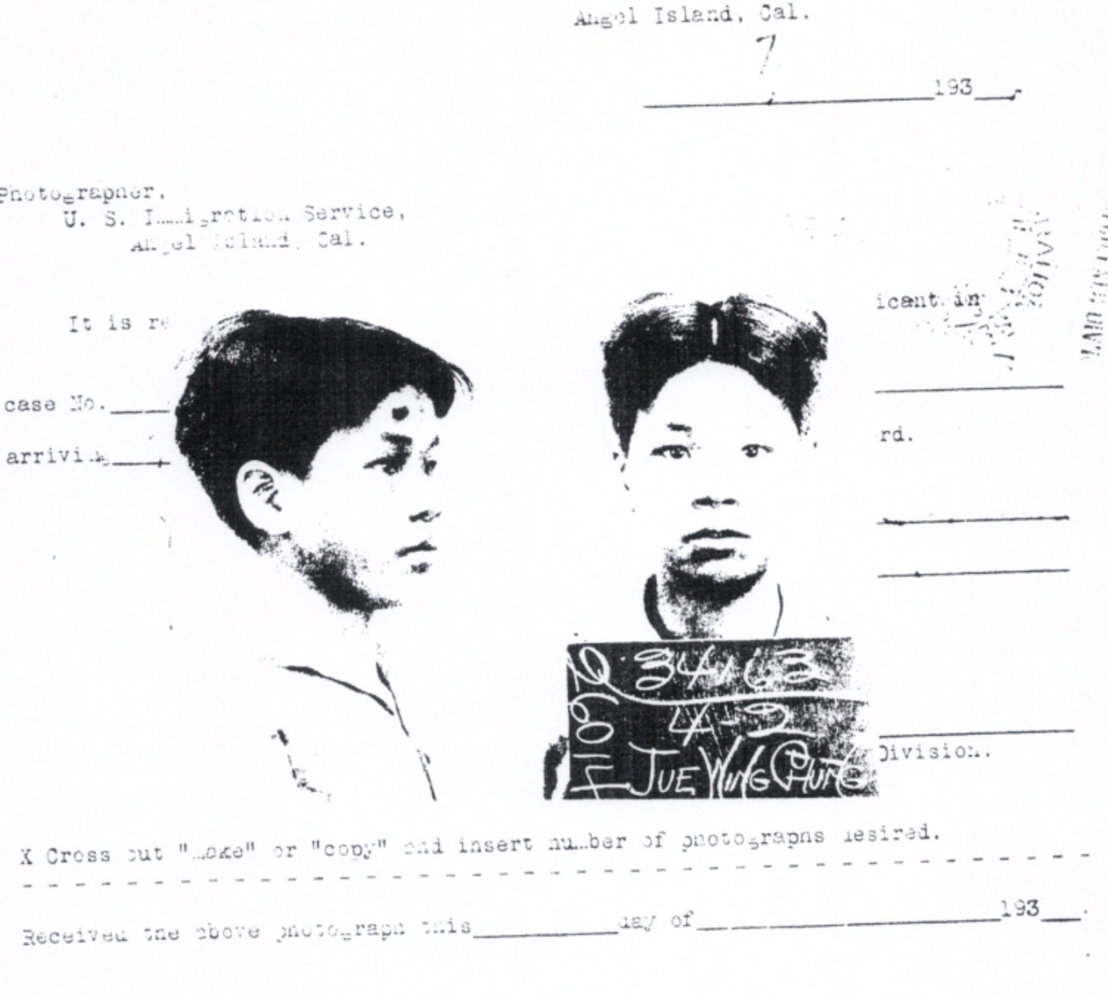 A black-and-white mugshot of a young person holding a sign with identification numbers and the name "JUE WING CHUNG" with side and front profile views.