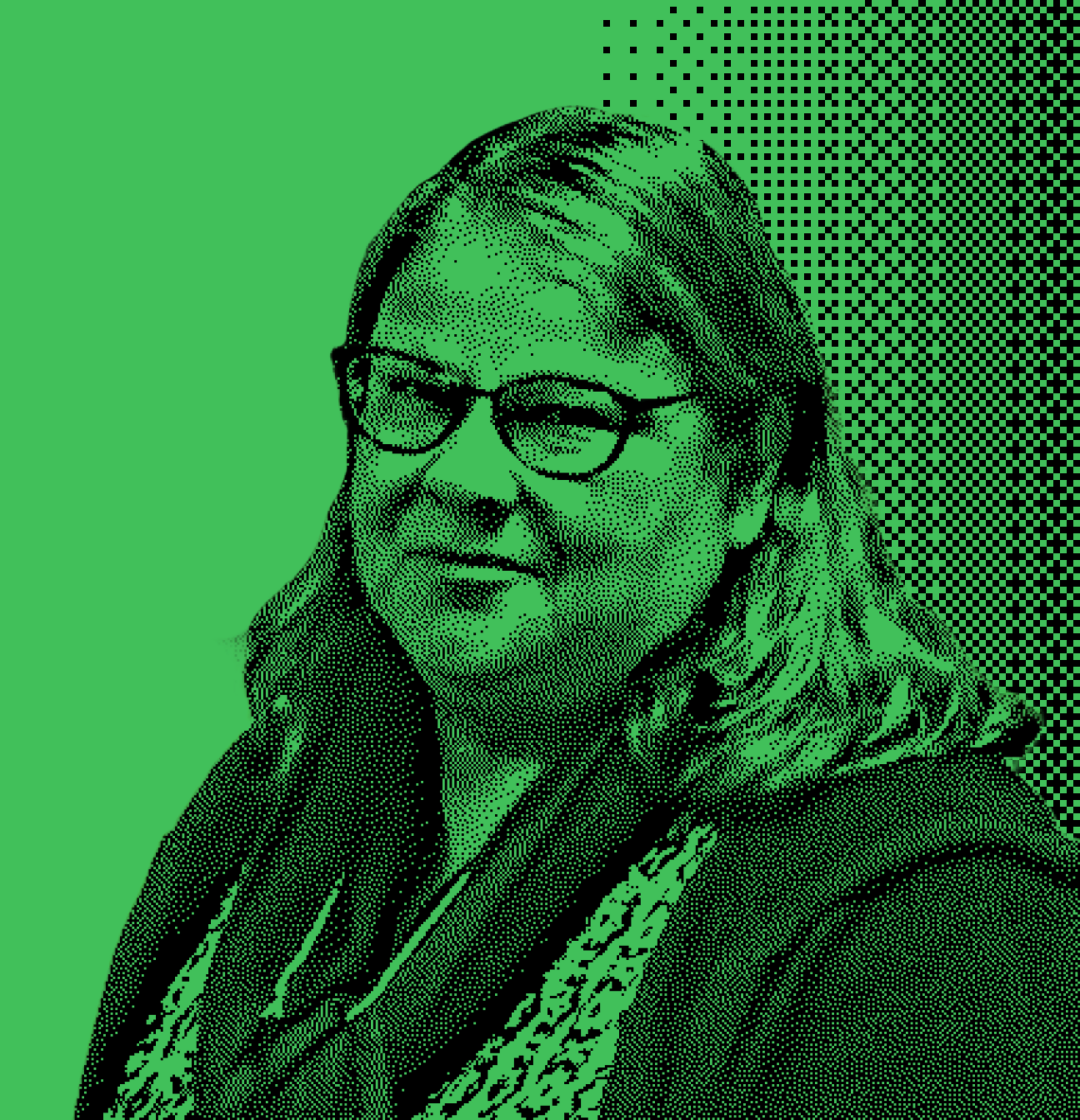 The image is a halftone-style portrait of a person with glasses, long hair, and a scarf, set against a green background with dot patterns.