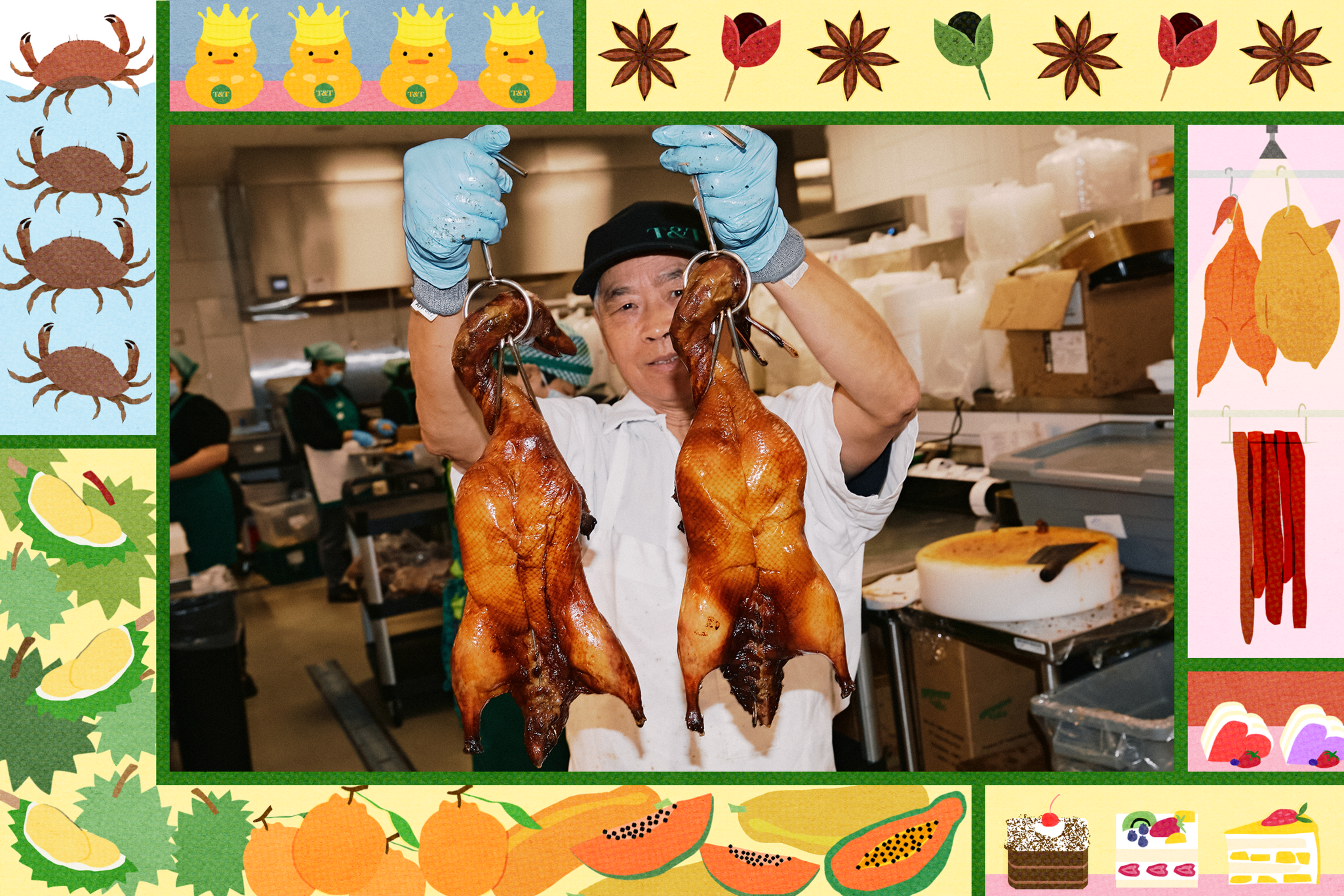 A man in a kitchen holds two roasted ducks by hooks, wearing a black cap and blue gloves, surrounded by busy kitchen staff.