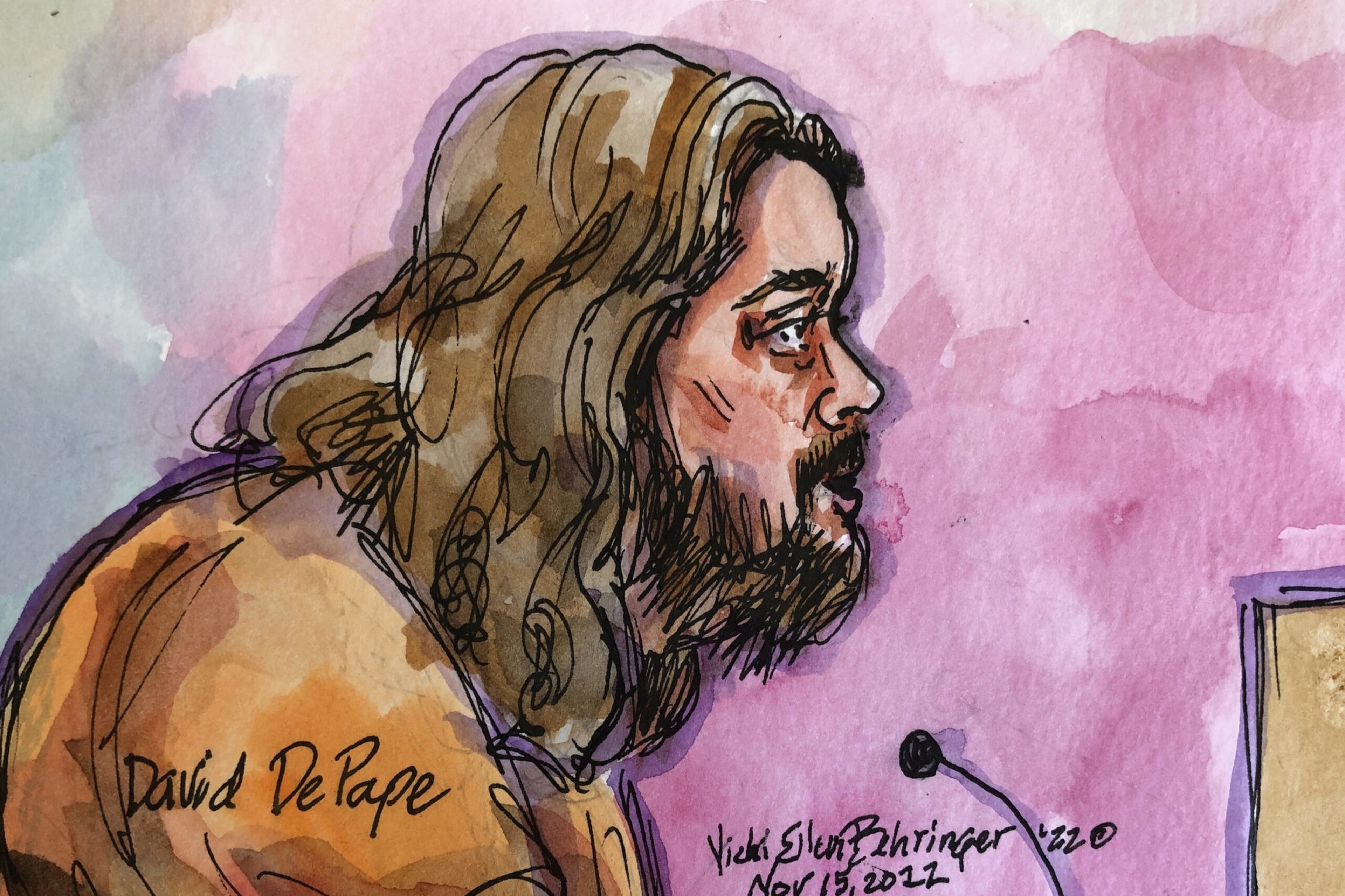A watercolor and ink sketch of a man with long hair and a beard, facing right, with the name "David DePape" written on his shoulder area.