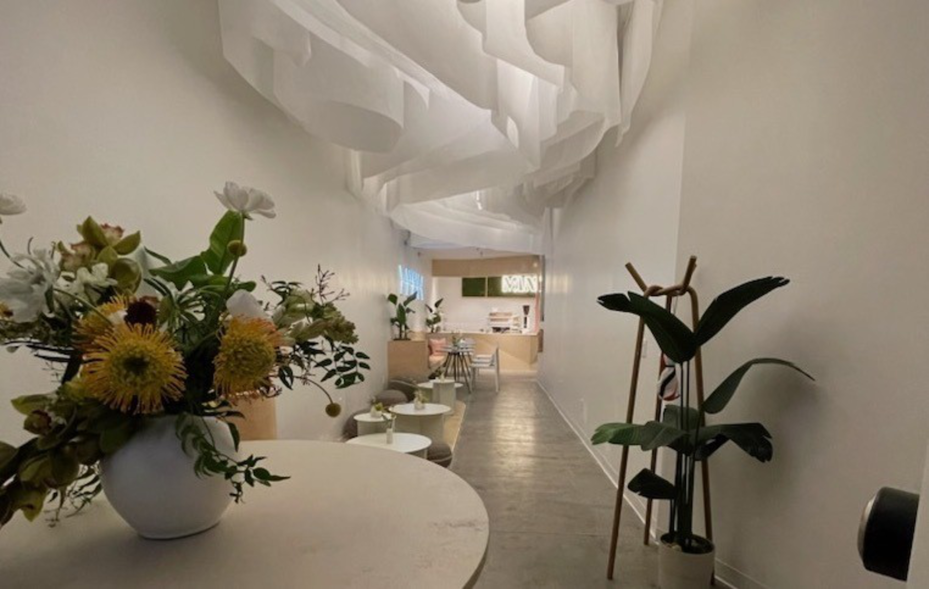 A long, narrow room features white walls, a concrete floor, hanging white fabric above, round tables with flowers, and plants along the right side.