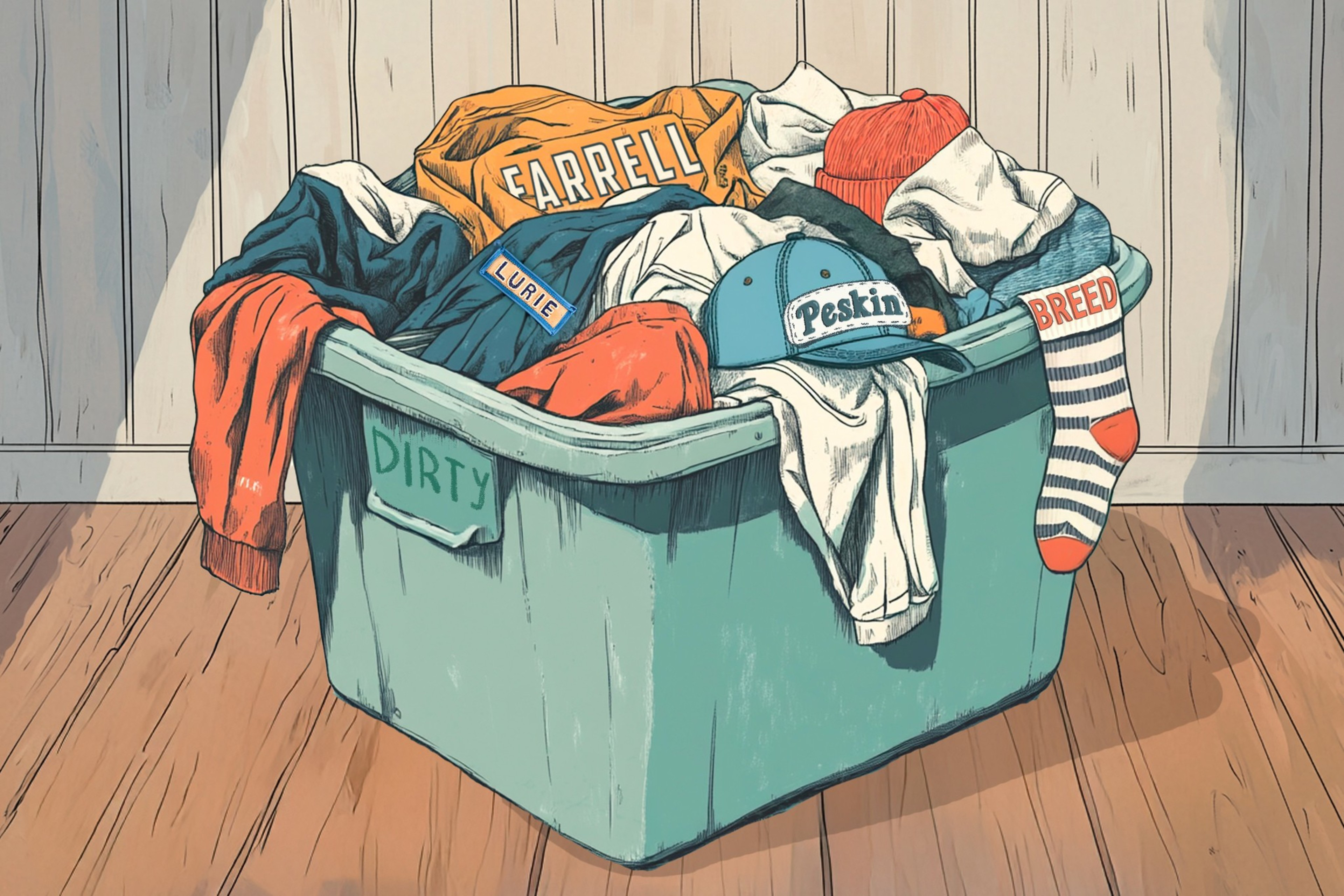 The image shows a green laundry bin labeled "Dirty," filled with a colorful mix of clothes, hats, and socks, set against a wooden floor and paneled wall.