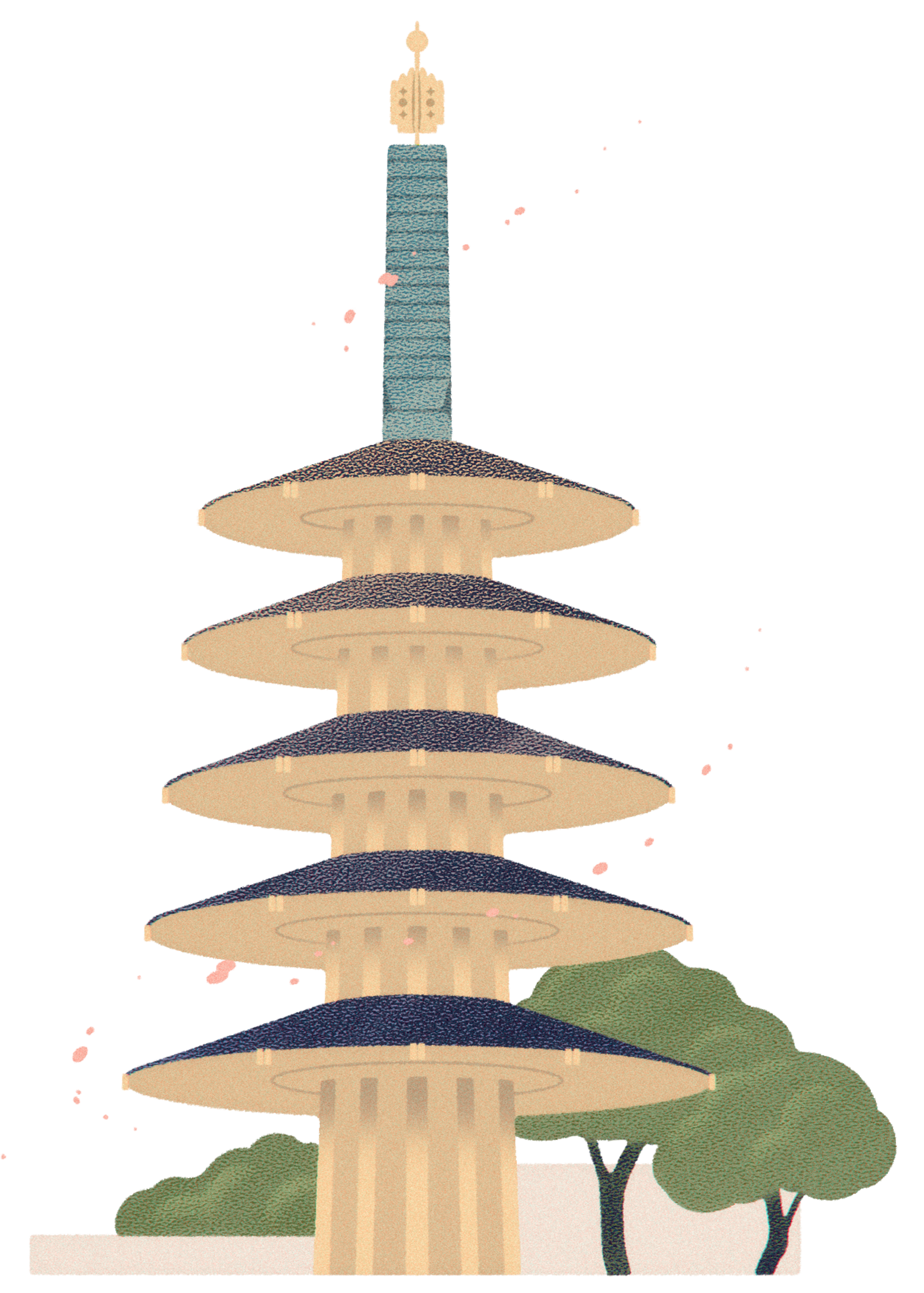 A five-tiered traditional Japanese pagoda with a tall spire on top, set against green trees and scattered pink cherry blossom petals.