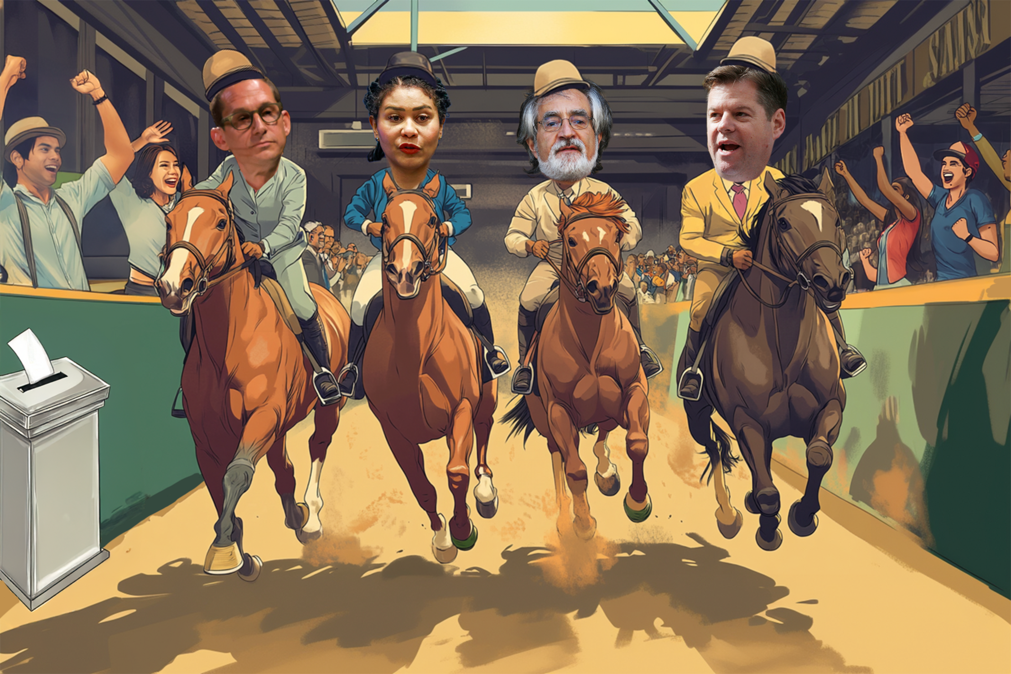 Four horses race ahead with exaggerated human faces as jockeys, cheered by a vibrant crowd. On the side, a ballot box stands out.