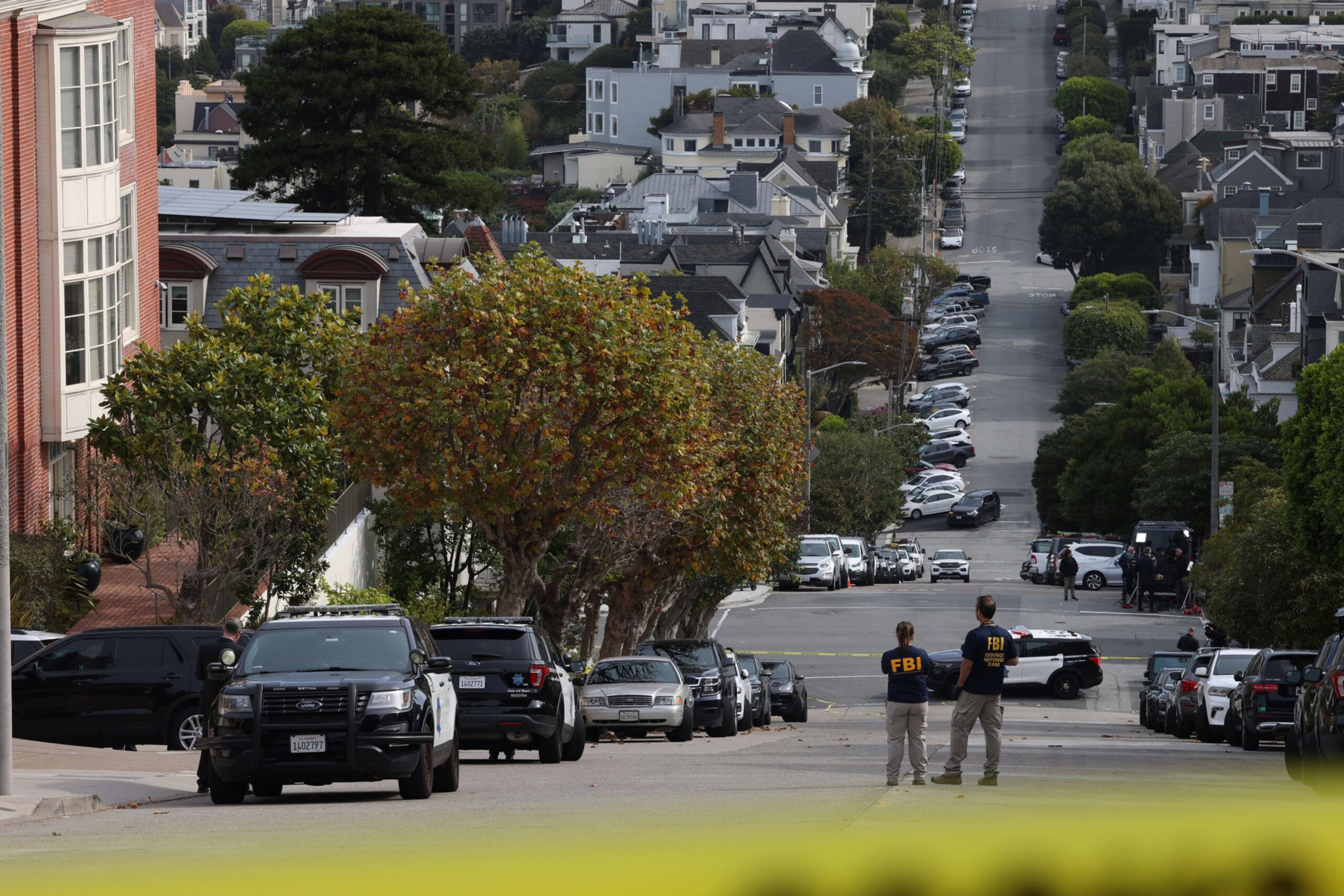 San Francisco Police cordon off the area around U.S. Speaker of the House Nancy Pelosiâ€™s home on the 2600 block of Broadway in the Pacific Heights neighborhood of San Francisco on Friday, Oct. 28, 2022. Paul Pelosi, husband of Nancy Pelosi, was assaulted i