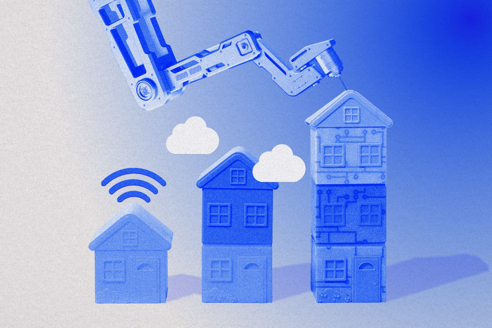 A robotic arm is assembling a three-story house from smaller blocks, next to smaller houses with a Wi-Fi signal and cloud icons floating above.