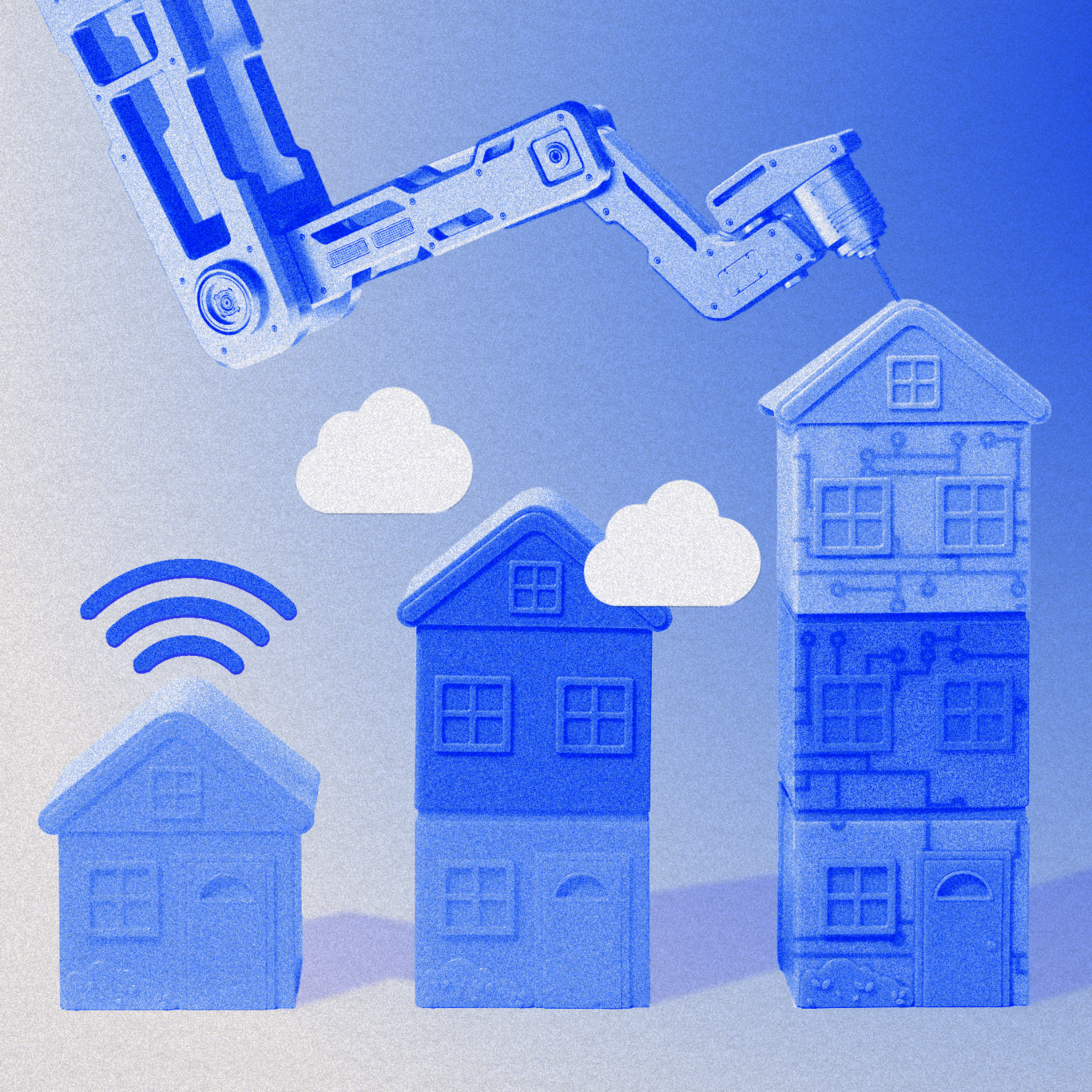 A robotic arm is assembling a three-story house from smaller blocks, next to smaller houses with a Wi-Fi signal and cloud icons floating above.