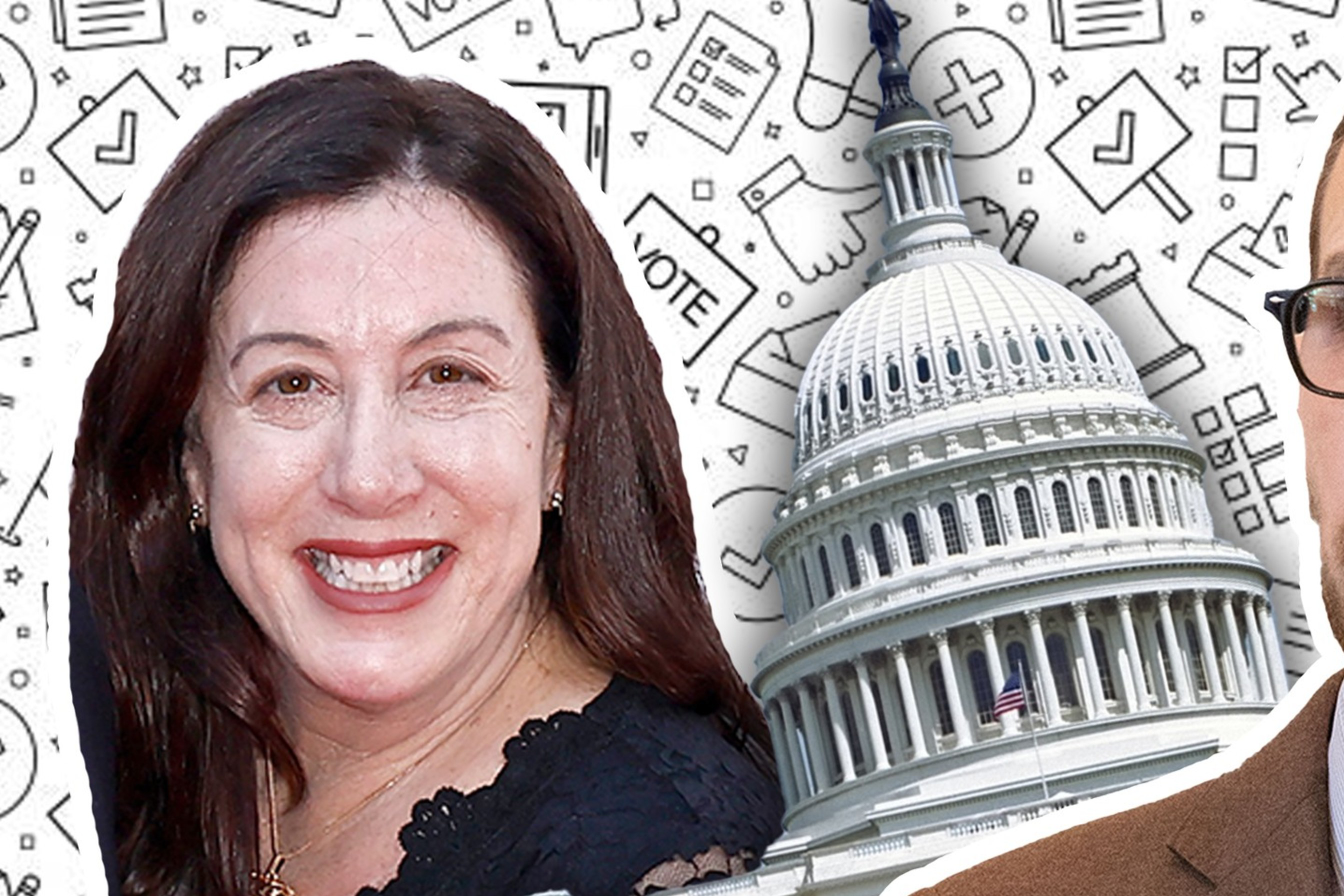 A photo illustration featuring a woman from the shoulders up, Christine Pelosi, on the left, and a man, State Sen. Scott Wiener, from the chest up, on the right. A government building is photoshopped between them.
