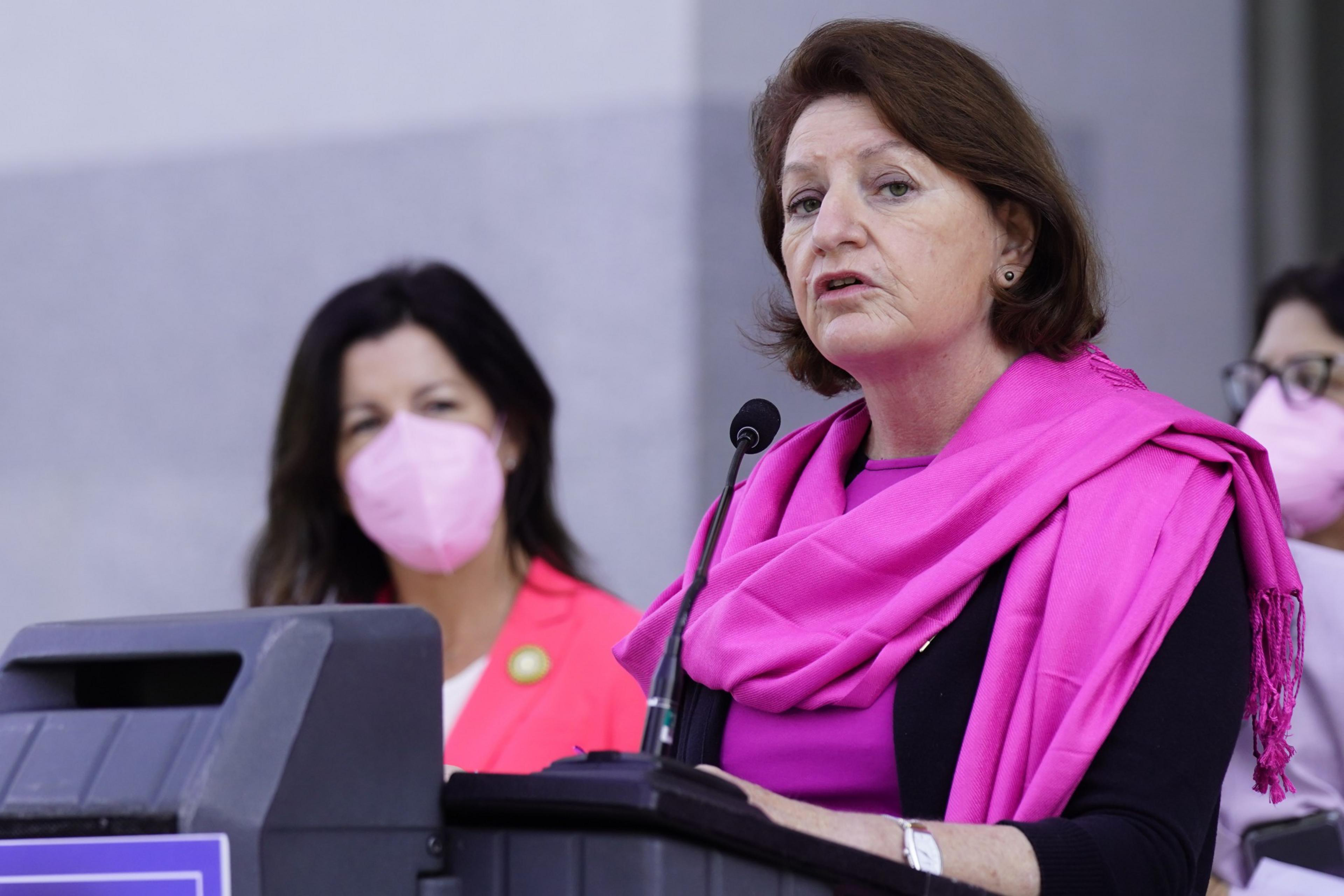 Woman in pink scarf speaks into microphone