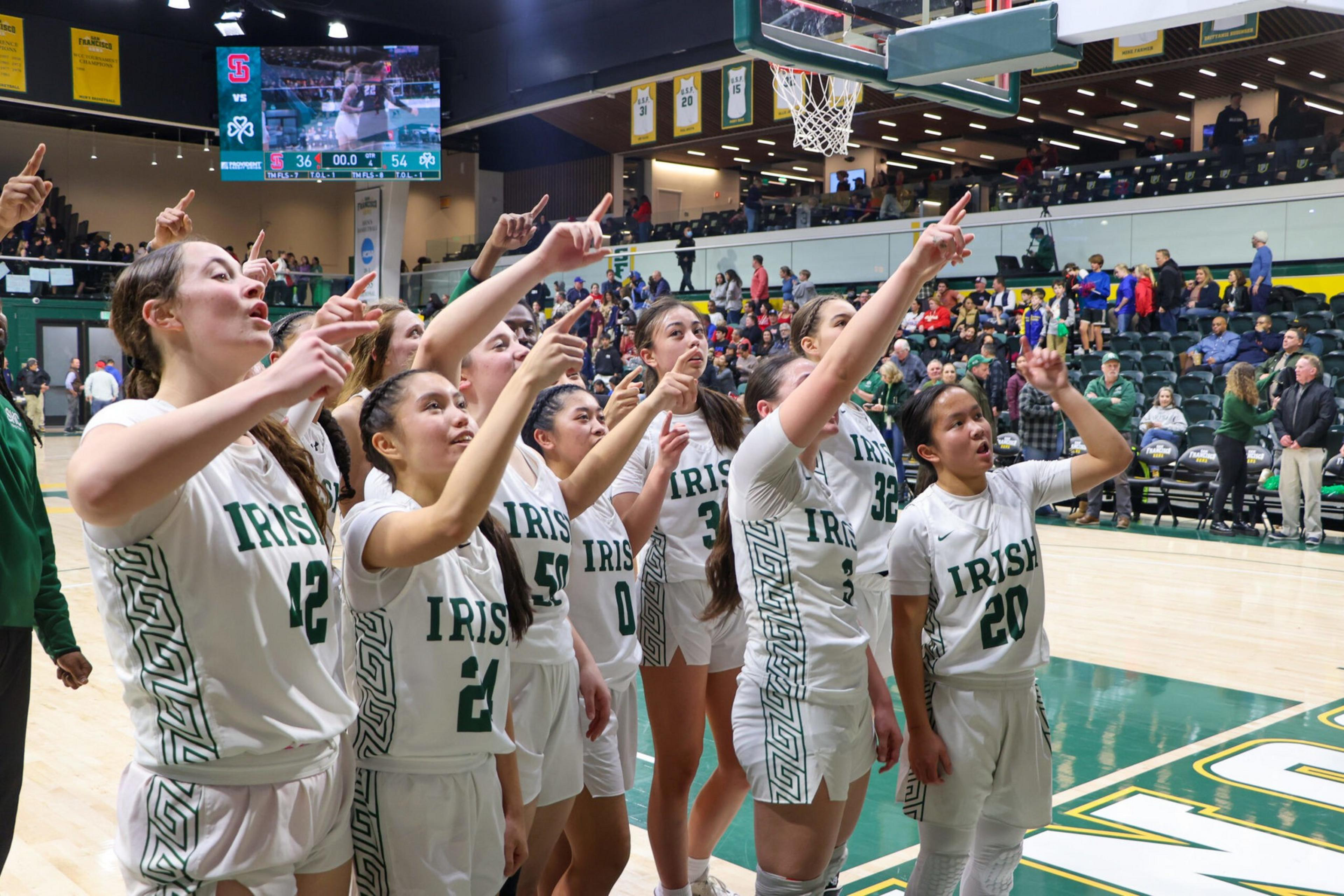 A group of female basketball players in white "IRISH" uniforms stand on a court, pointing and looking excited, with spectators and a scoreboard in the background.