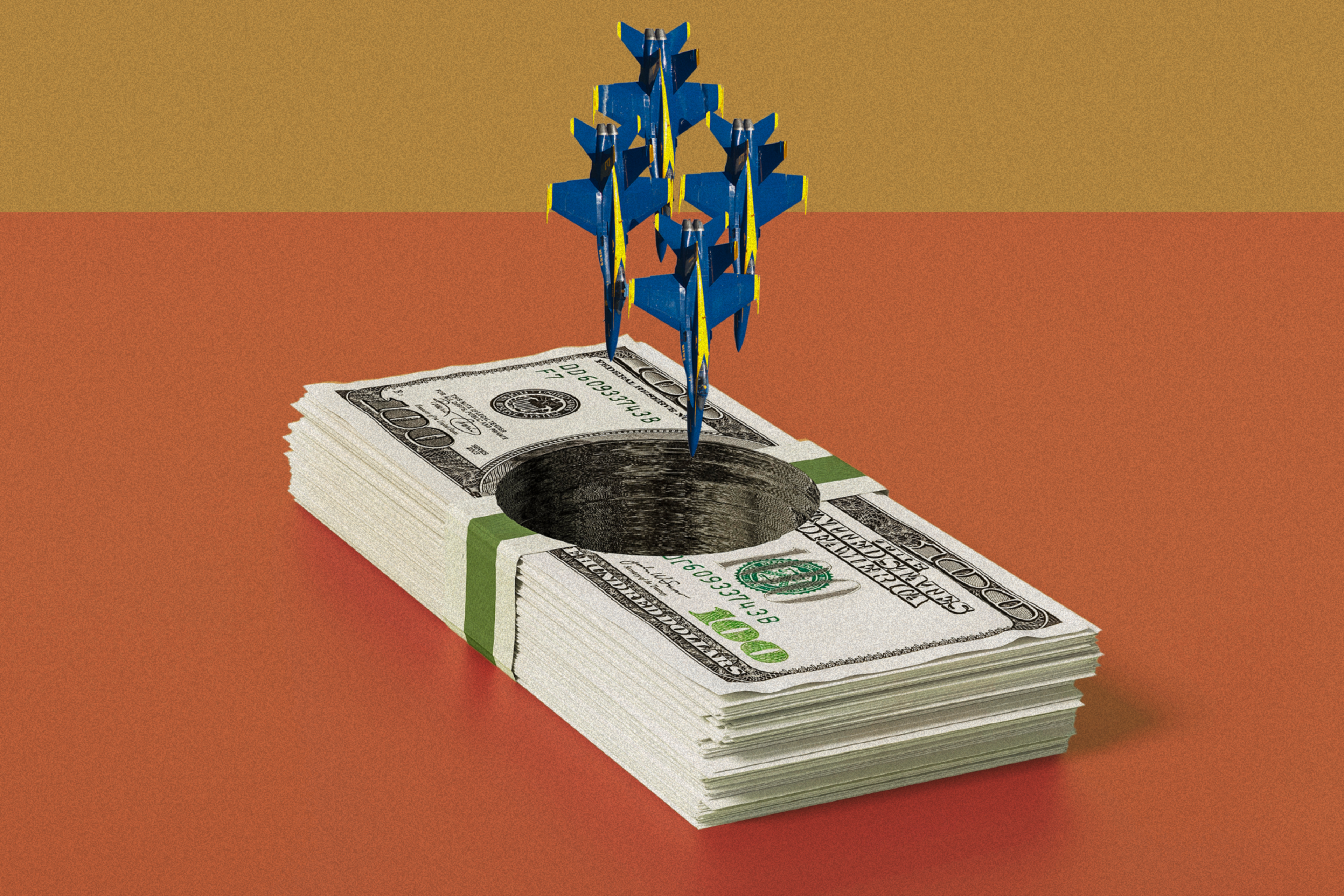 A stack of dollar bills has a hole in the middle, with multiple arrows piercing through it, set against a red and mustard-colored background.