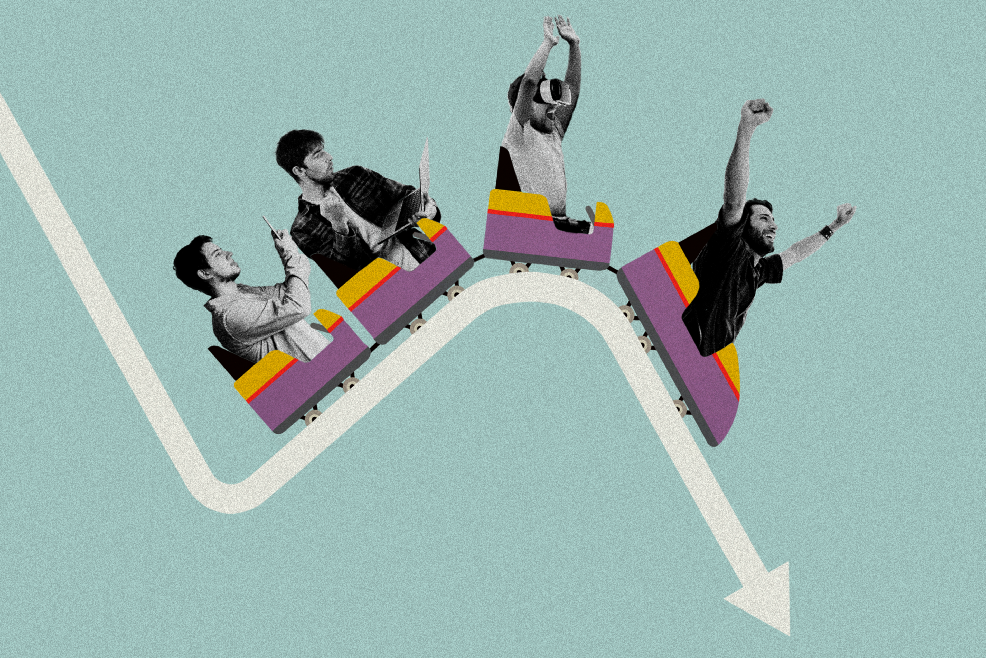 The image shows four people on a colorful roller coaster. They're in single file, expressing various emotions, and the coaster is on a downward track.