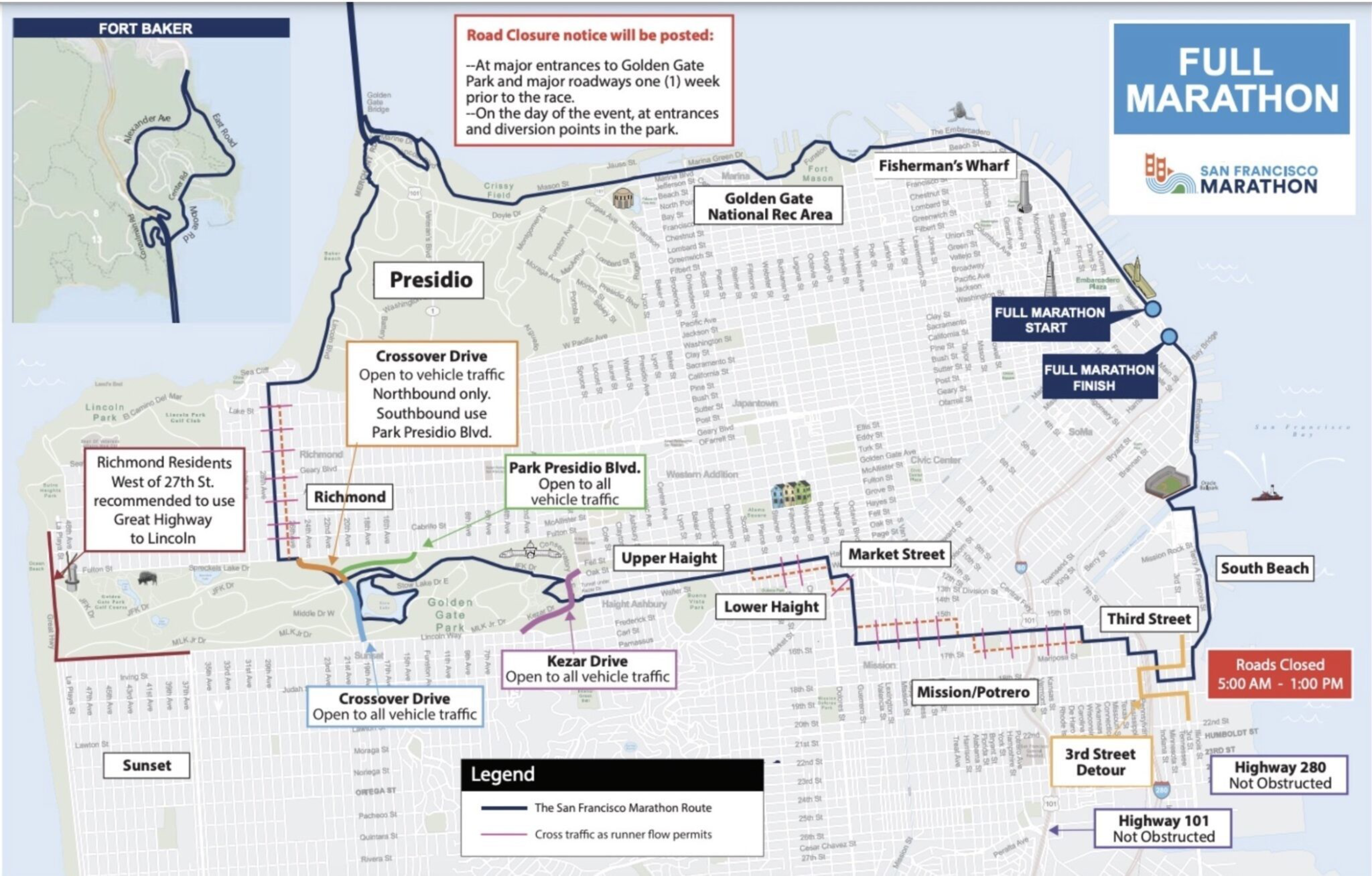 Map of the San Francisco Full Marathon route showing key areas, road closures from 5 AM to 1 PM, and detours in Richmond, Presidio, Market Street, and South Beach.