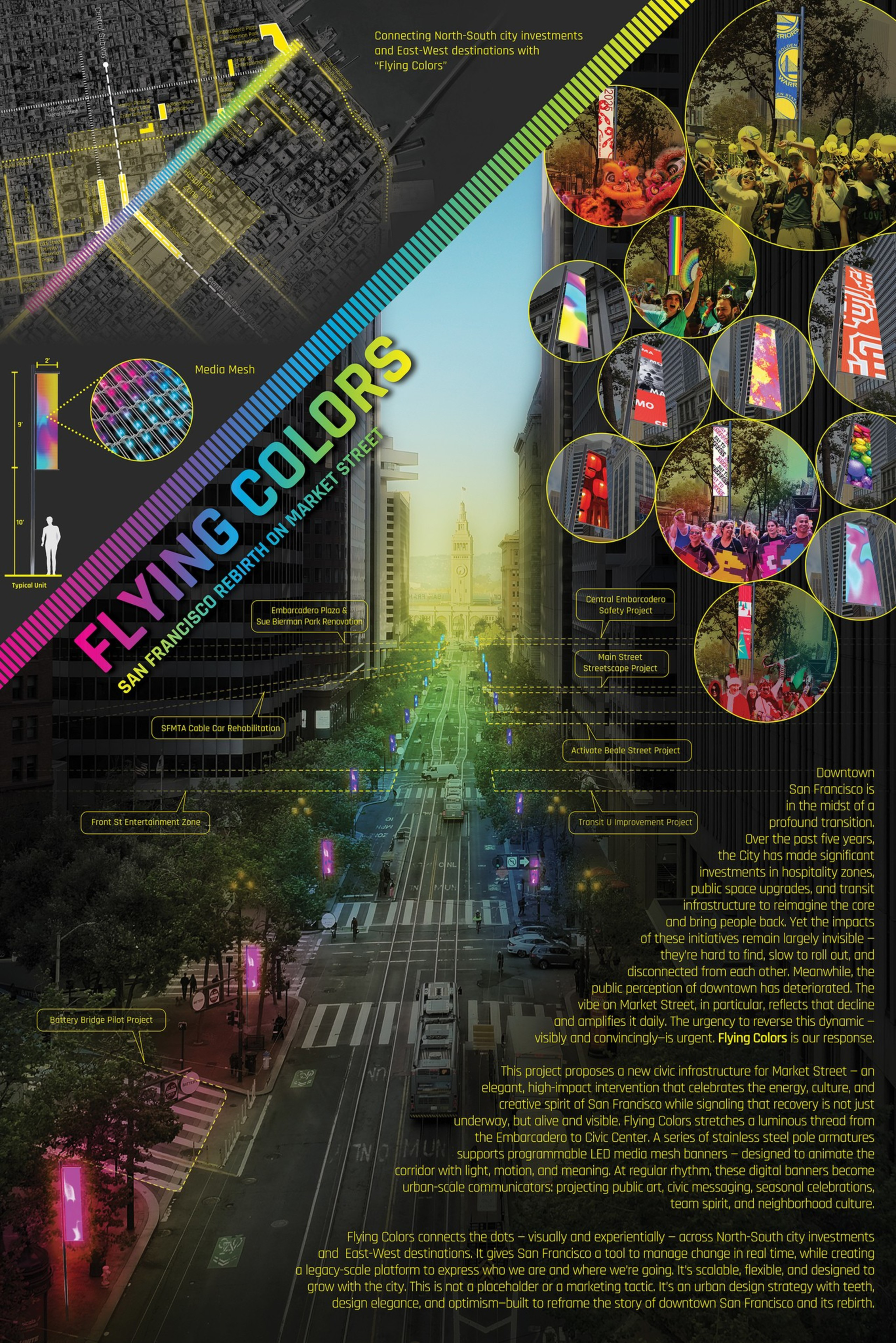 The image showcases a vibrant proposal called &quot;Flying Colors&quot; for San Francisco's Market Street. It includes colorful installations, maps, project details, and vibrant street visuals.