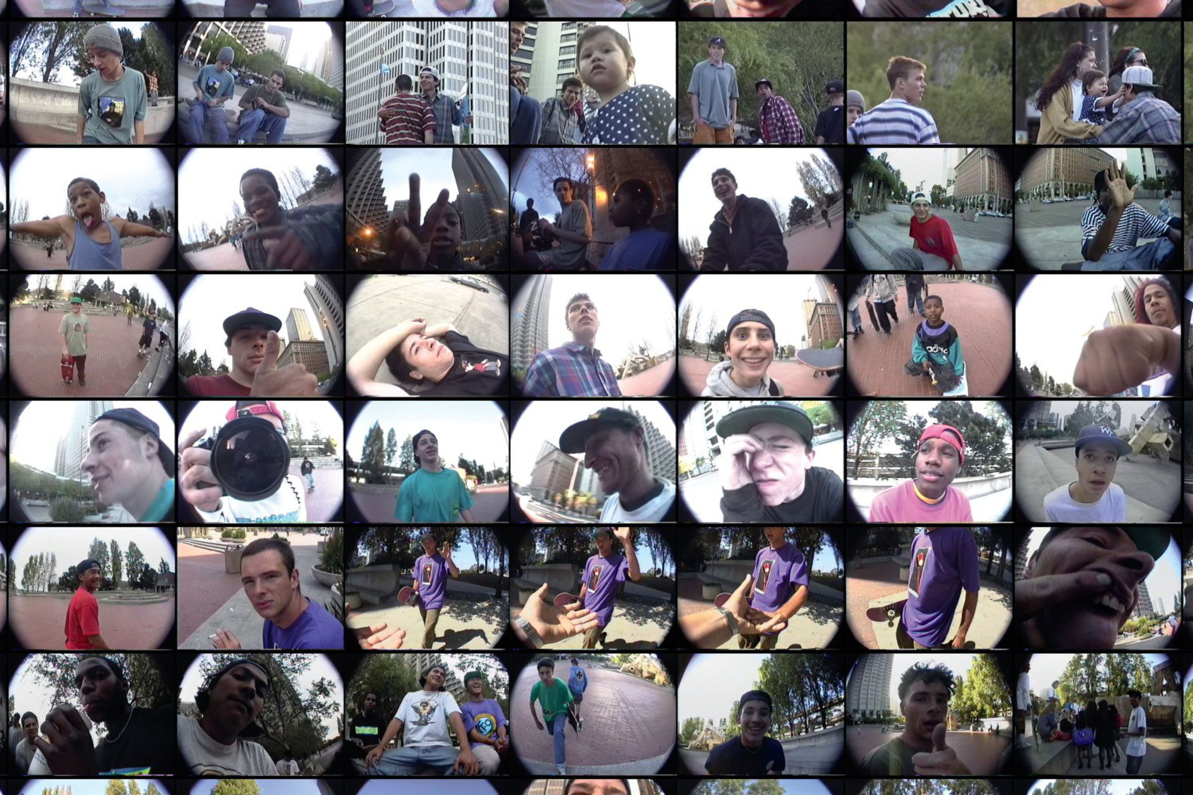 Various candid photos of young people outdoors, many holding cameras or skateboards, expressing different emotions and gestures in an urban park setting.