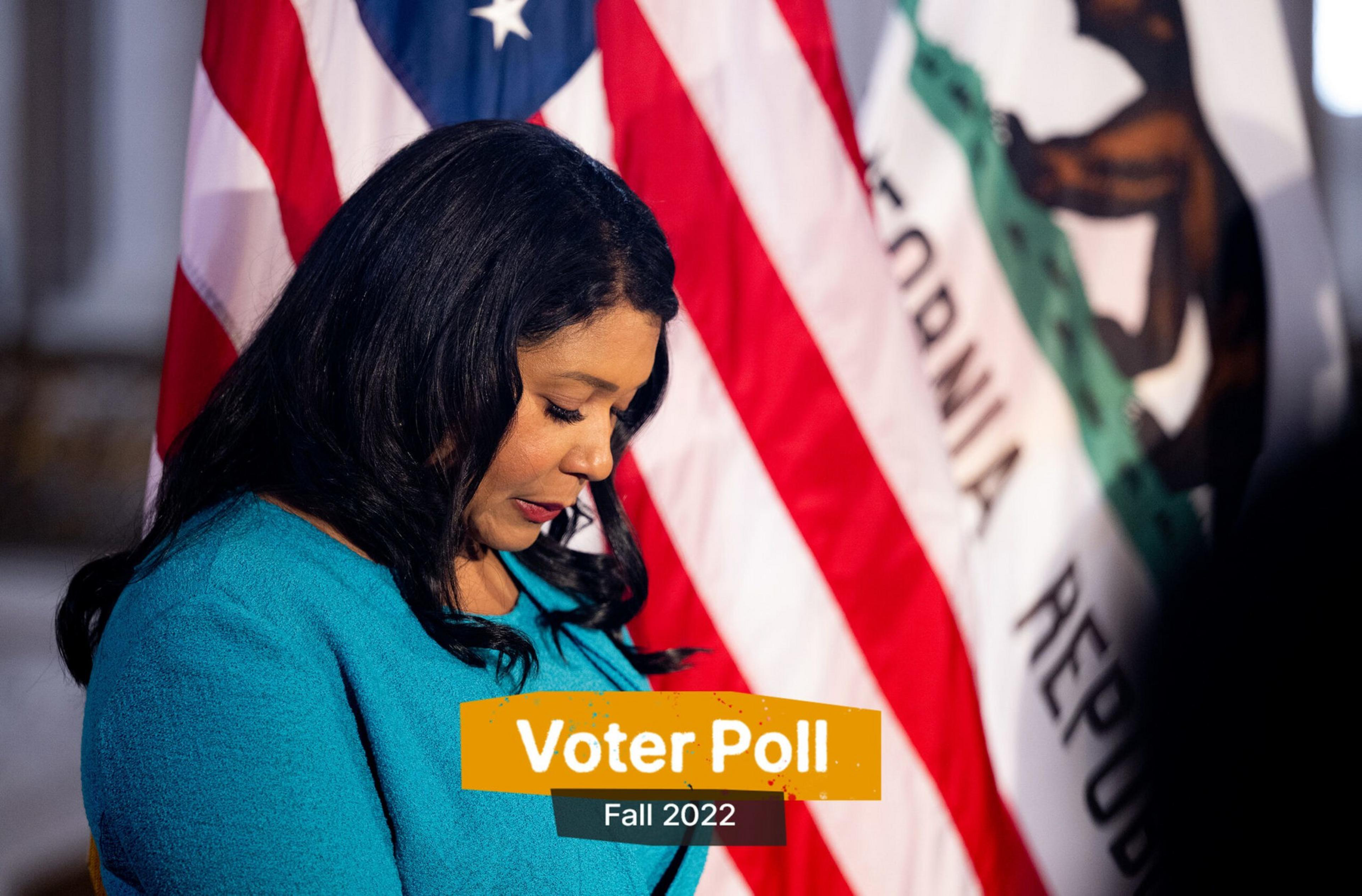 A woman in a blue blazer looks down thoughtfully with the U.S. and California state flags behind her, labeled "Voter Poll Fall 2022."
