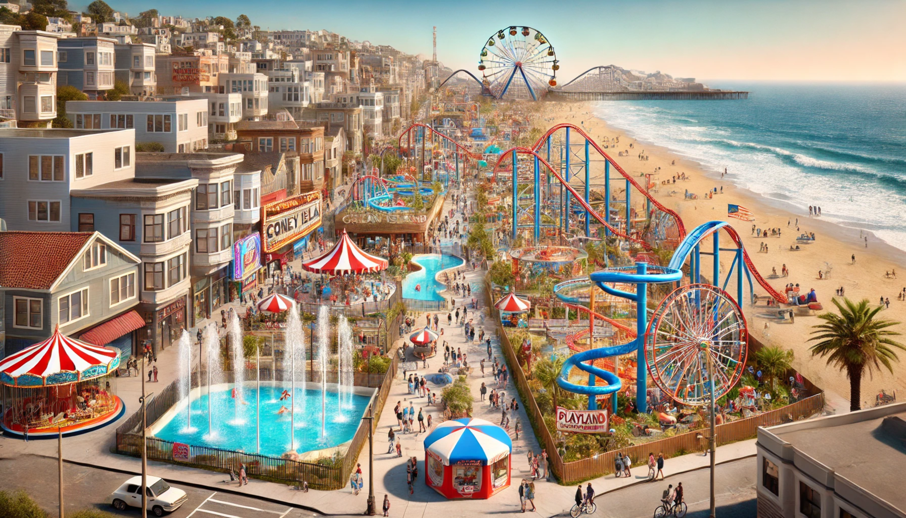 A vibrant beachfront amusement park with roller coasters, ferris wheels, and colorful buildings. Crowds enjoy rides, fountains, and the sandy shoreline under a clear sky.