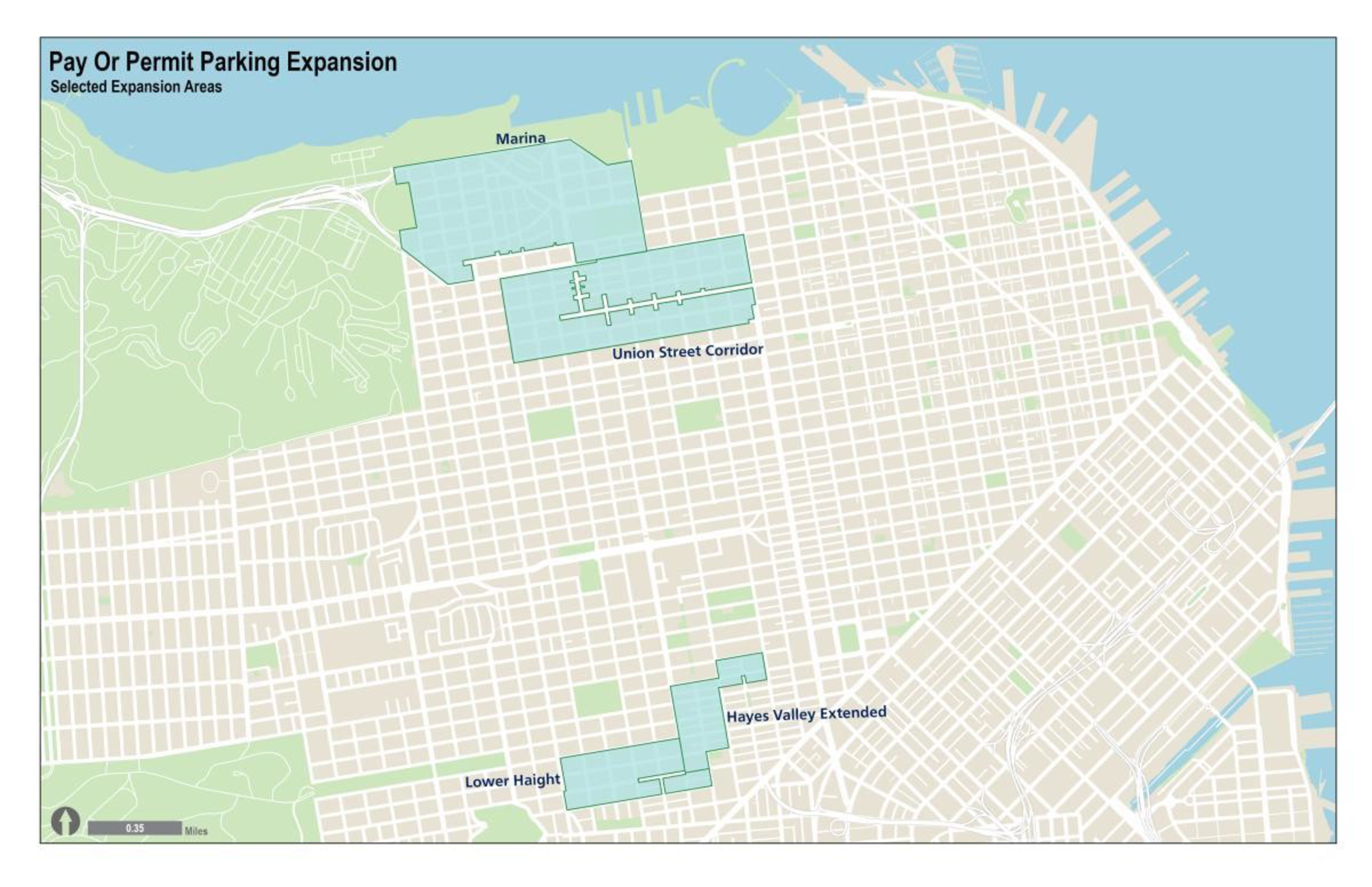 The map shows selected areas in a city for parking expansion labeled &quot;Marina,&quot; &quot;Union Street Corridor,&quot; &quot;Lower Haight,&quot; and &quot;Hayes Valley Extended.&quot;