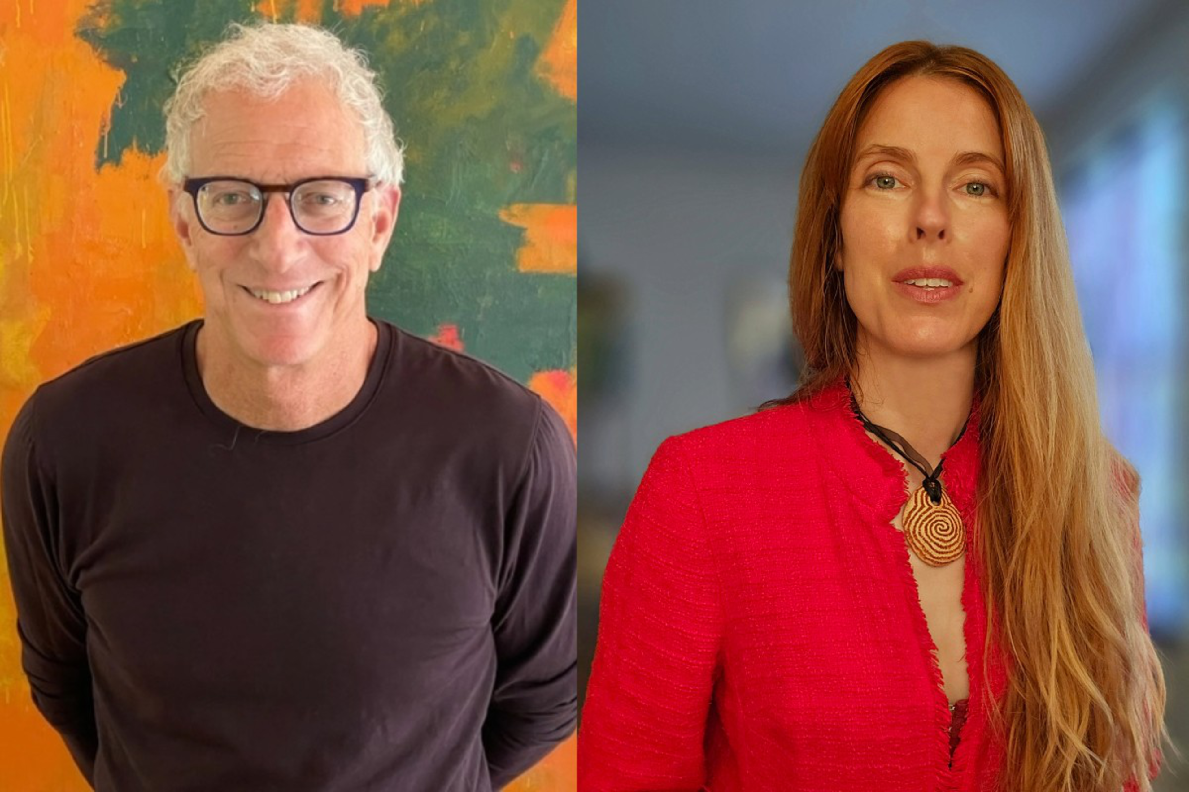 A smiling man with curly white hair and black glasses wears a black shirt against a colorful background, while a woman with long blonde hair wears a red jacket and spiral necklace.