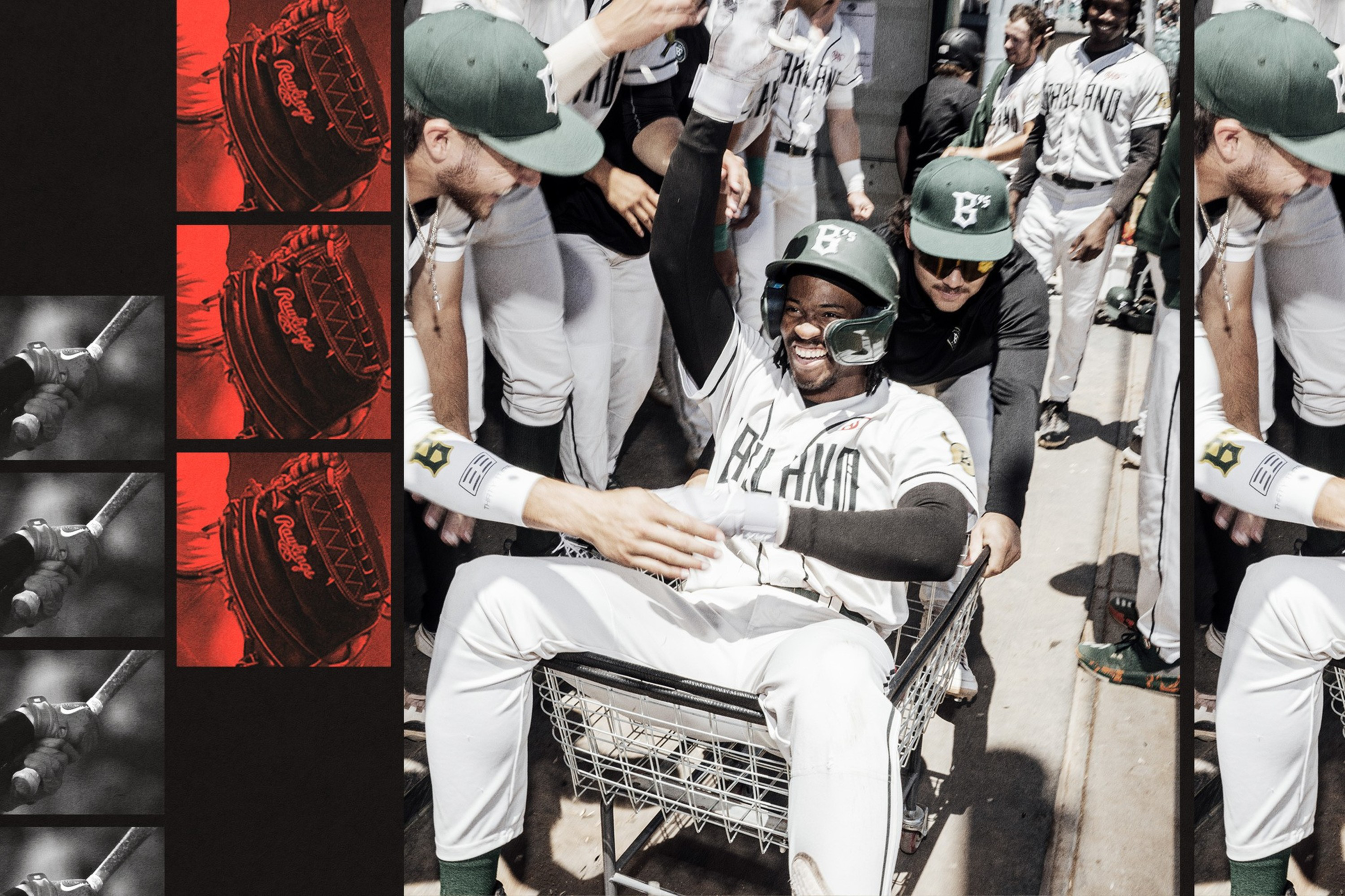 A joyful baseball player in a helmet and uniform sits in a laundry cart while teammates push and cheer around him in a dugout walkway.