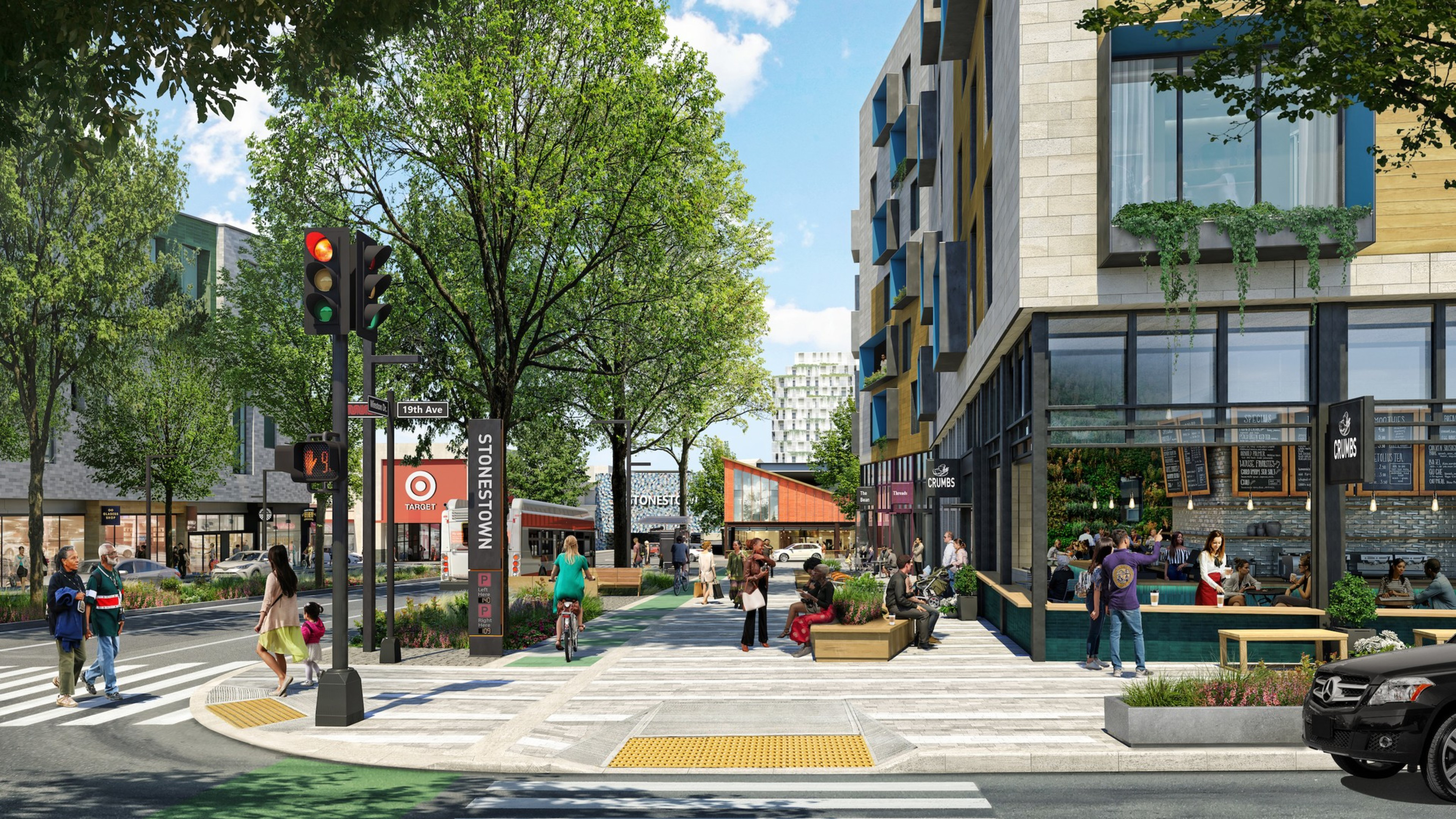A drawing depicts an intersection with apartment buildings, tree-lined streets and sidewalks and seating under awnings and umbrellas.