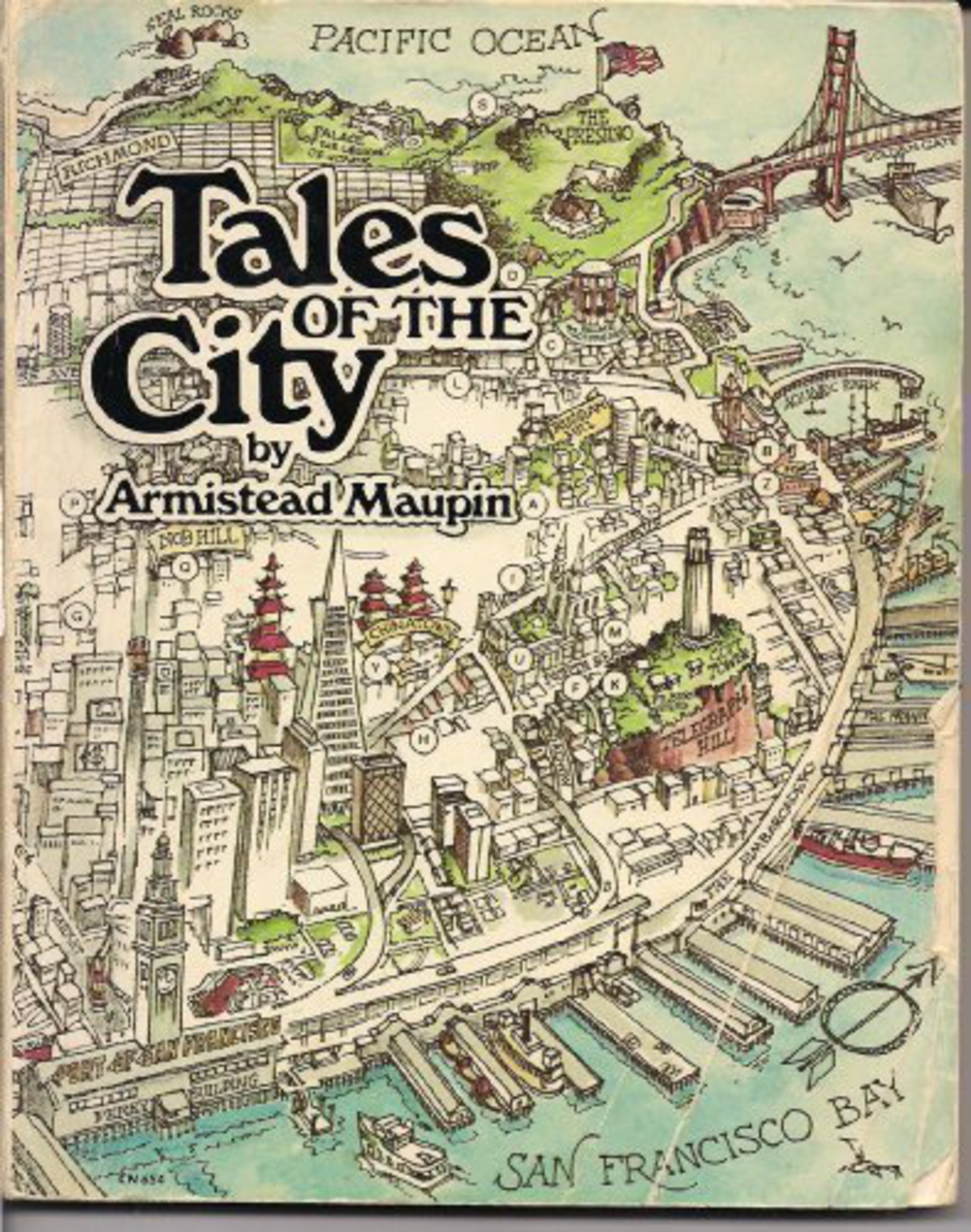 A colorful illustrated map of San Francisco with key landmarks, the Golden Gate Bridge, and waterways, featuring the title "Tales of the City" by Armistead Maupin.