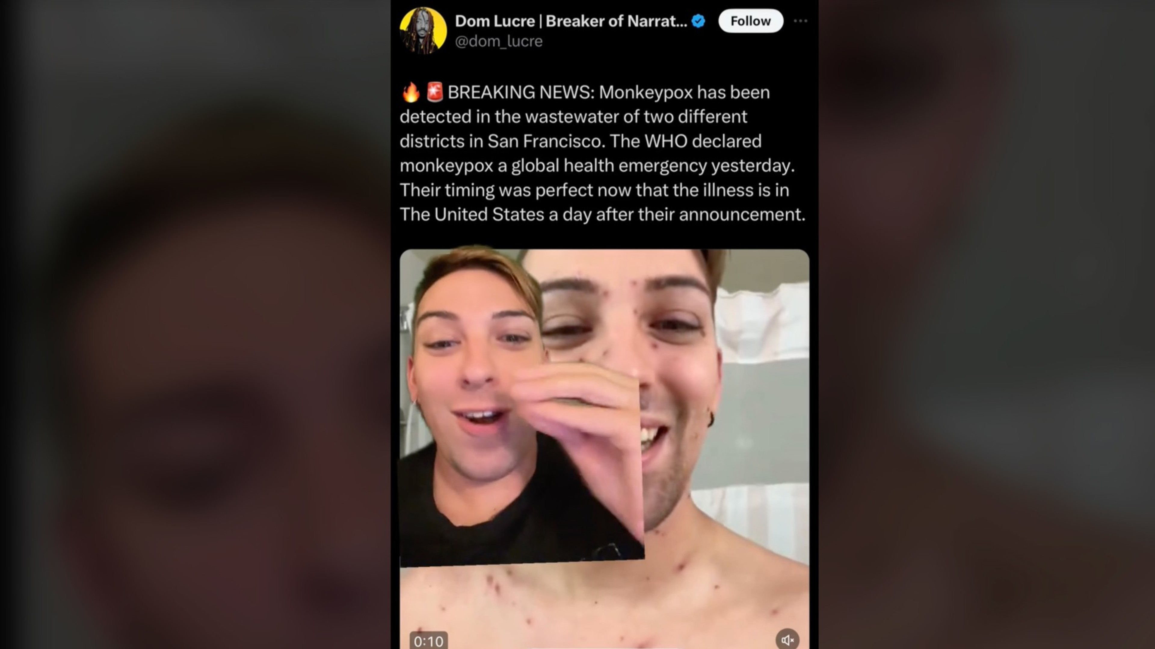 The image shows a tweet with a video of a person discussing monkeypox, accompanied by a headline about its detection in San Francisco wastewater.