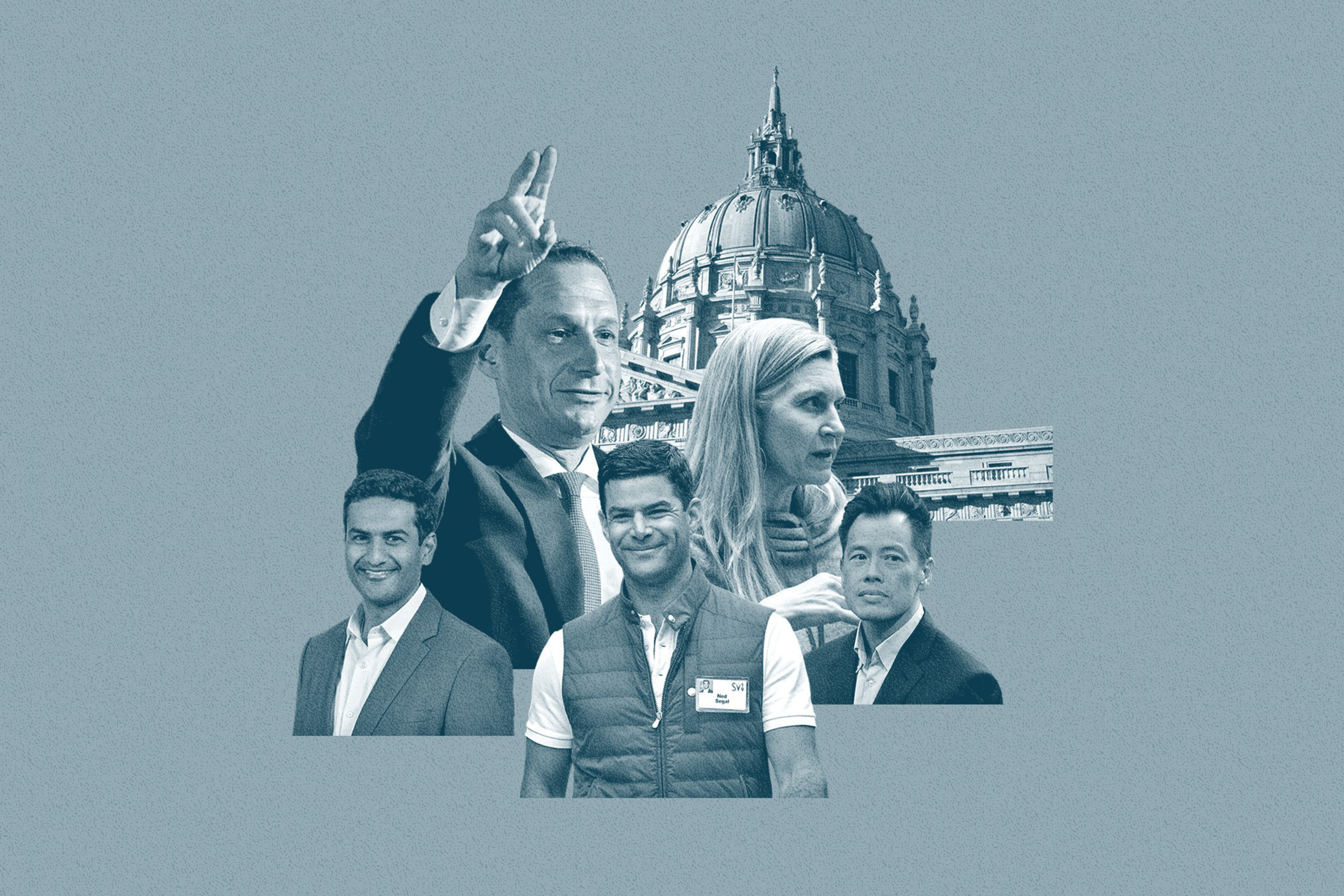 A collage with 4 men in suits and a woman surrounding a domed building.