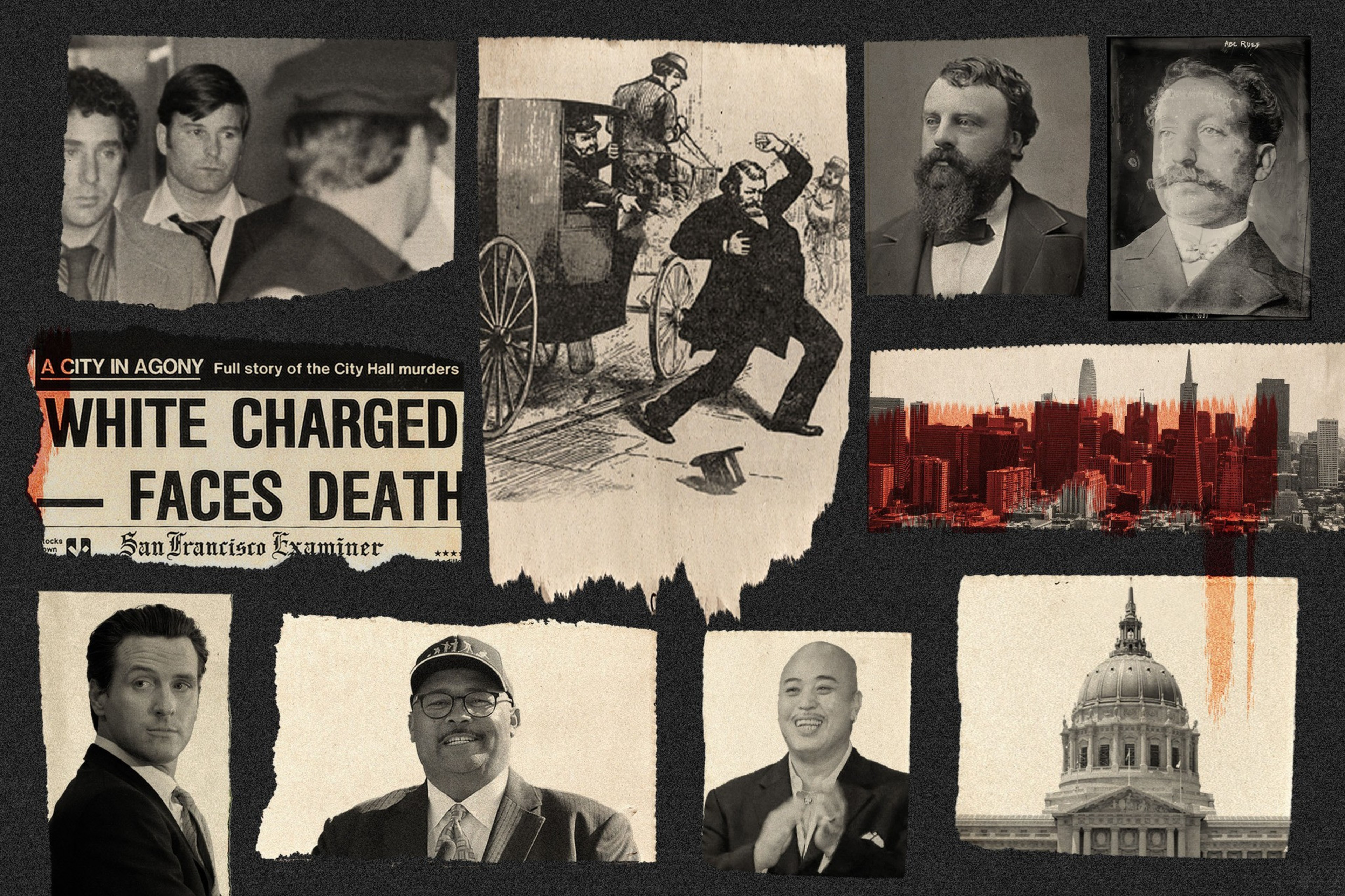 A photo illustration that includes Supervisor Dan White, Charles de Young, Reverend Issac Kalloch, Abe â€œBossâ€ Ruef, San Francisco Mayor Gavin Newsom, Department of Public Works Director Mohammed Nuru and Raymond "Shrimp Boy" Chow and a newspaper clipping t