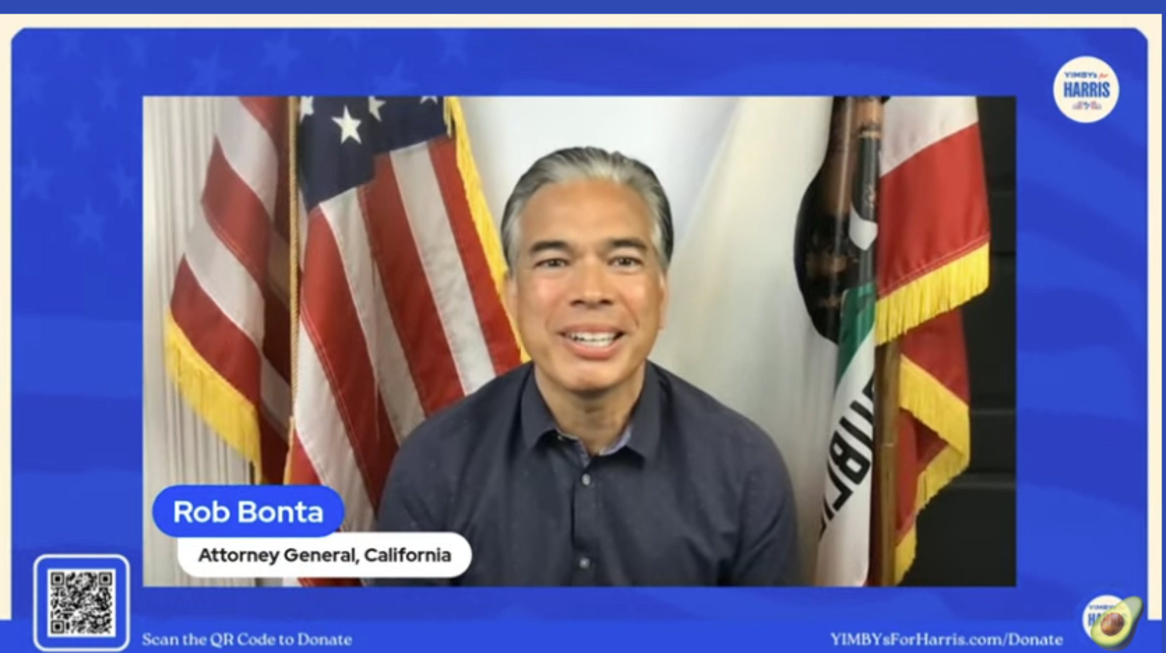 The image shows a man smiling with American and Californian flags behind him. A blue banner below identifies him as Rob Bonta, Attorney General of California.