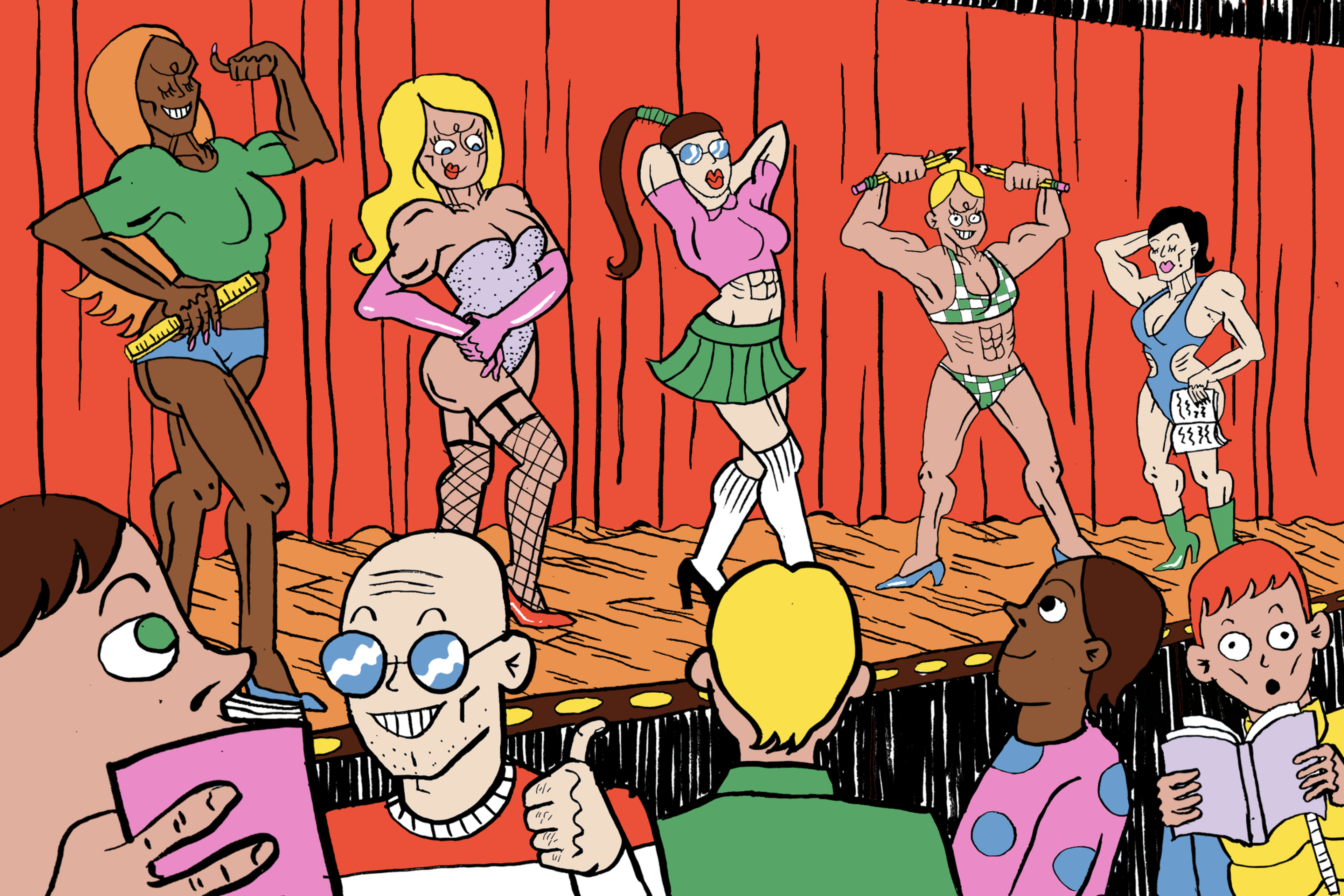 Five muscular women in colorful outfits pose confidently on stage while a diverse crowd watches and reacts with admiration and surprise.