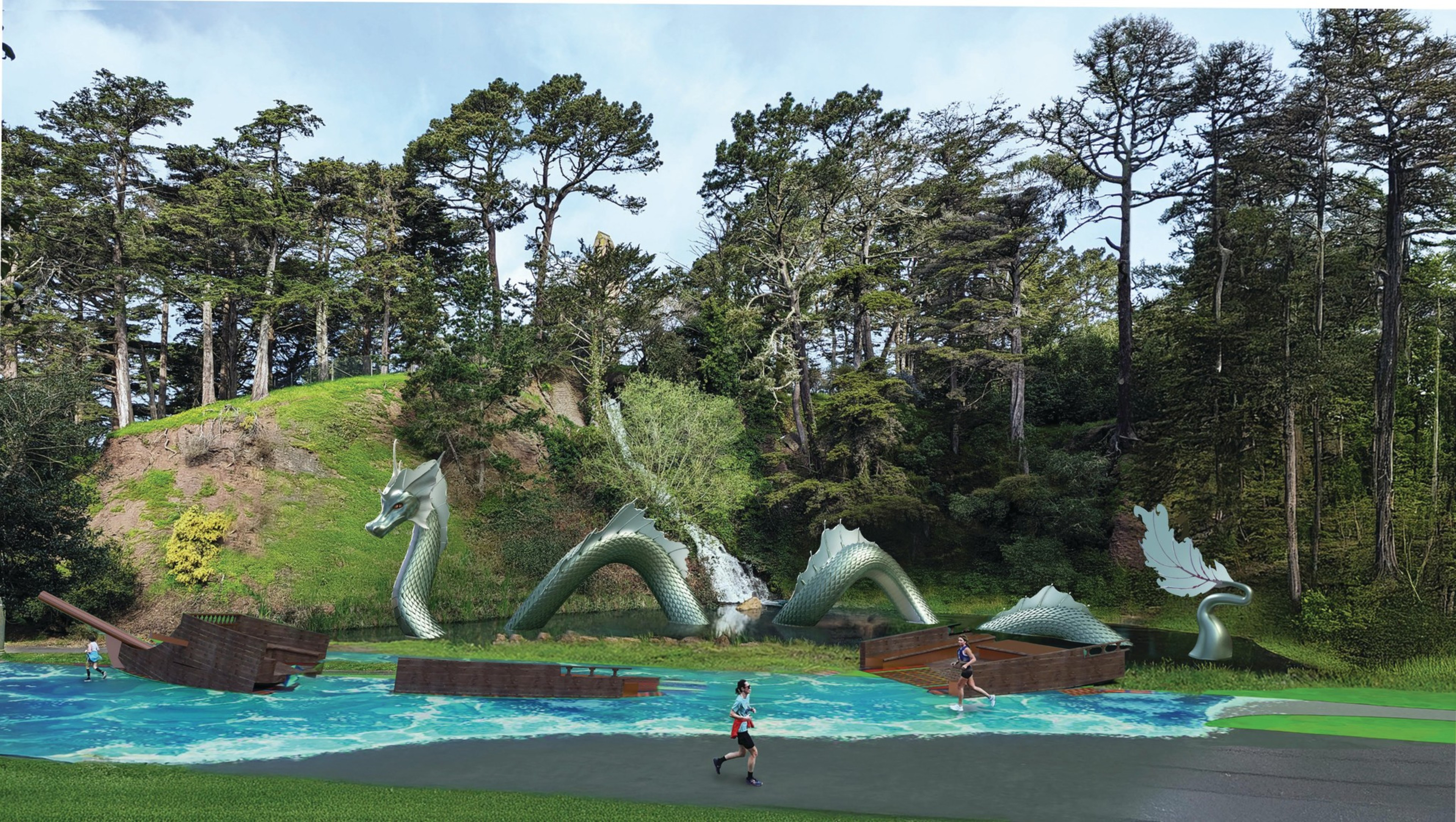A large dragon sculpture made of metal emerges from a forested area, surrounded by trees. People jog on a nearby pathway, and a shipwreck decorates a small pond.