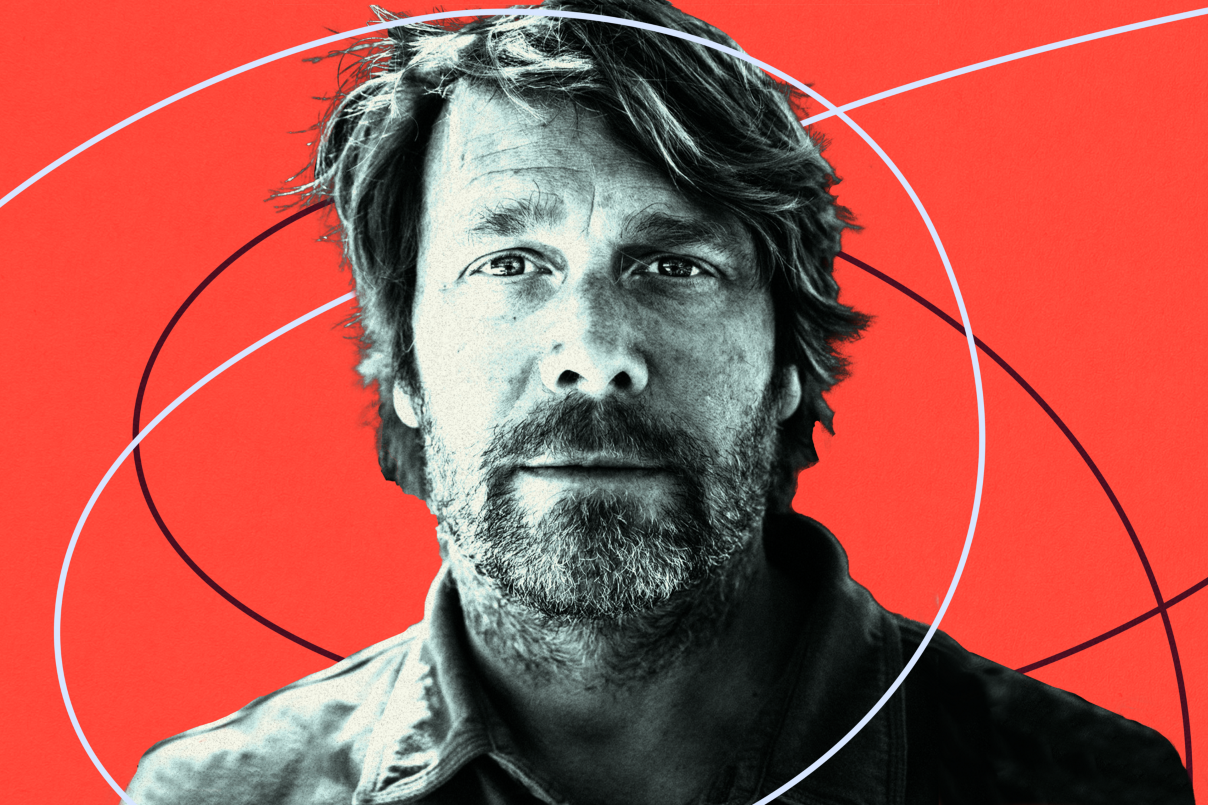 A man with tousled hair and a beard looks directly ahead against a bright red background with overlapping abstract white and black curved lines.