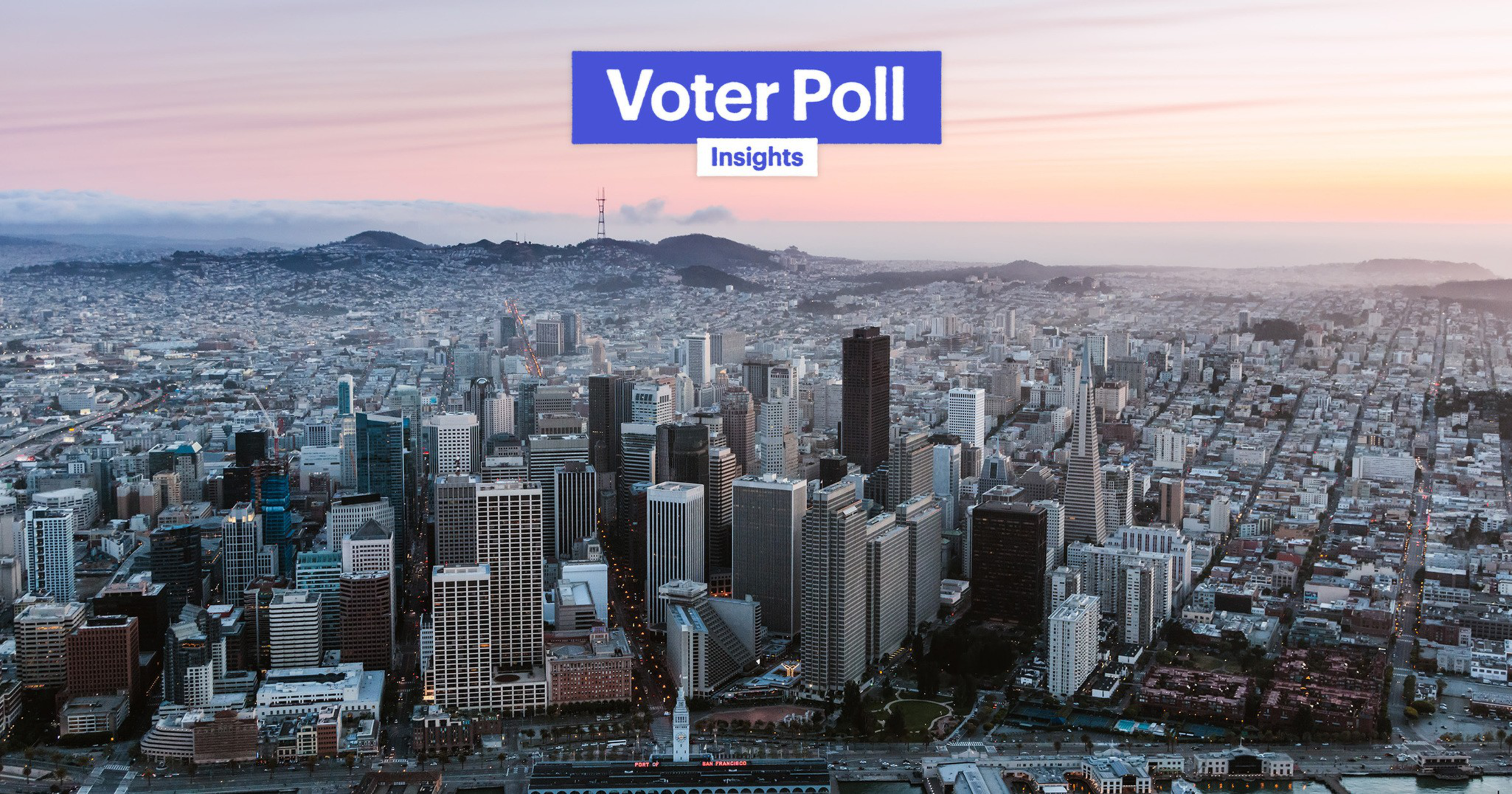 Aerial view of a city skyline at dusk with many tall buildings and a wide urban area extending to hills in the background, with text "Voter Poll Insights."