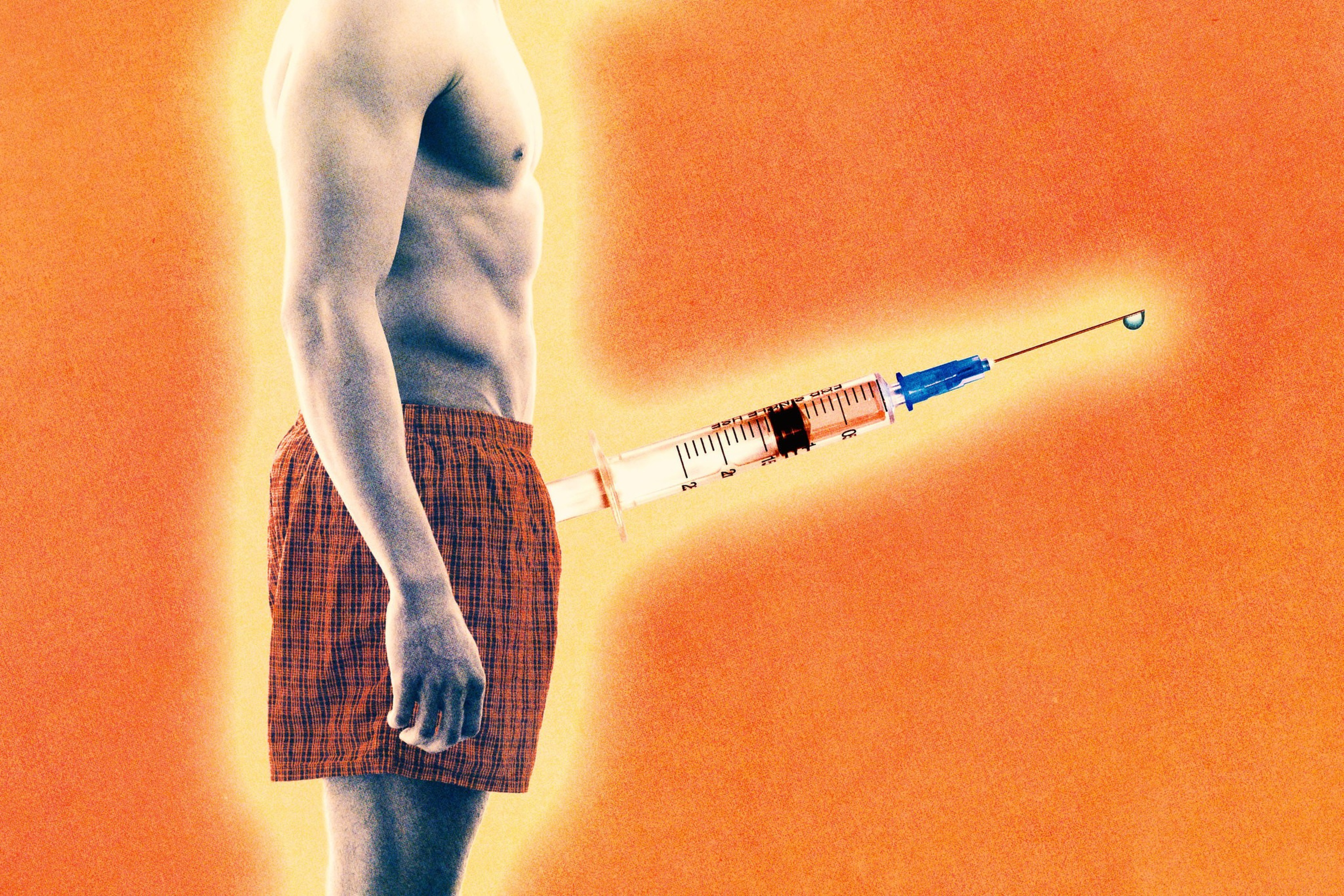 A shirtless man wearing red checkered shorts faces sideways with a large syringe inserted at his groin, set against an orange background.